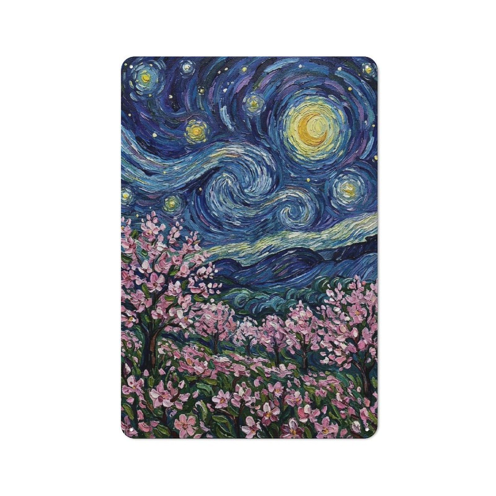 Starry Night with Cherry Blossoms Painting Tin Sign 30x20cm, Vintage Home Bar Decor for Cafe, Pub, Workshop Or Home Bar, for Relaxed Wall Styling