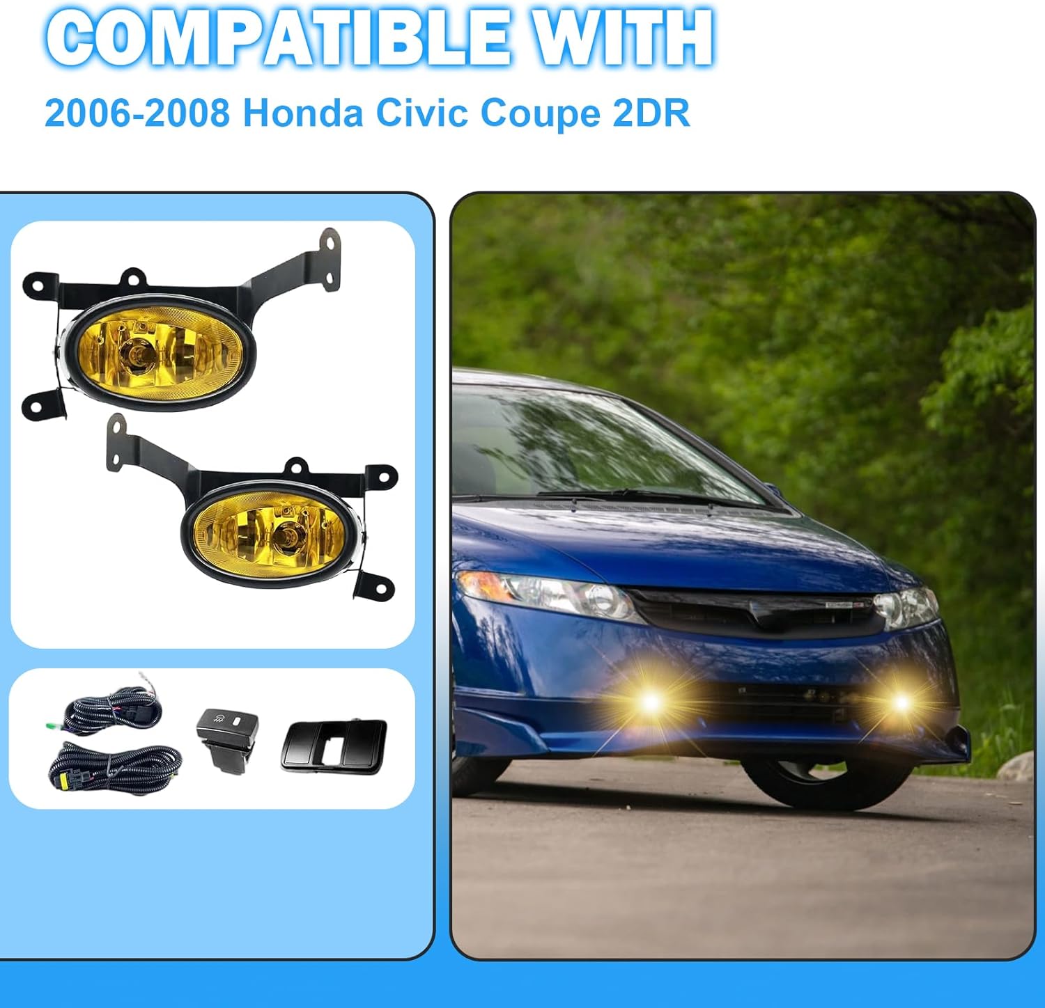 Fog Lights Compatible with 2DR Honda Civic Coupe 2006-2008 Pair Bumper Driving Fog Lamps with H11 12V 55W Halogen Bulb (Amber Lens)