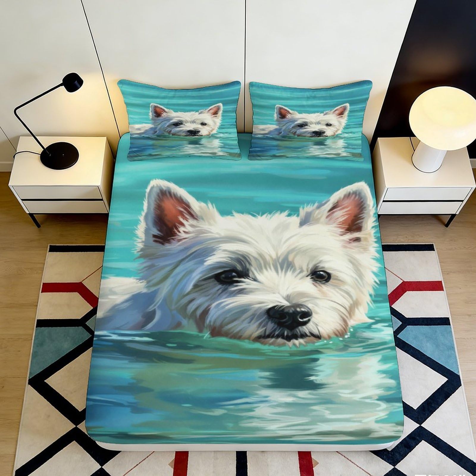 Pnayamiorkfel Style-2 3D Printed Swimming Westie Fitted Sheet Microfiber Soft Anti-Slip Dog Bed Cover For Bedroom Dorm Bed Protection Decor 90X200x25cm