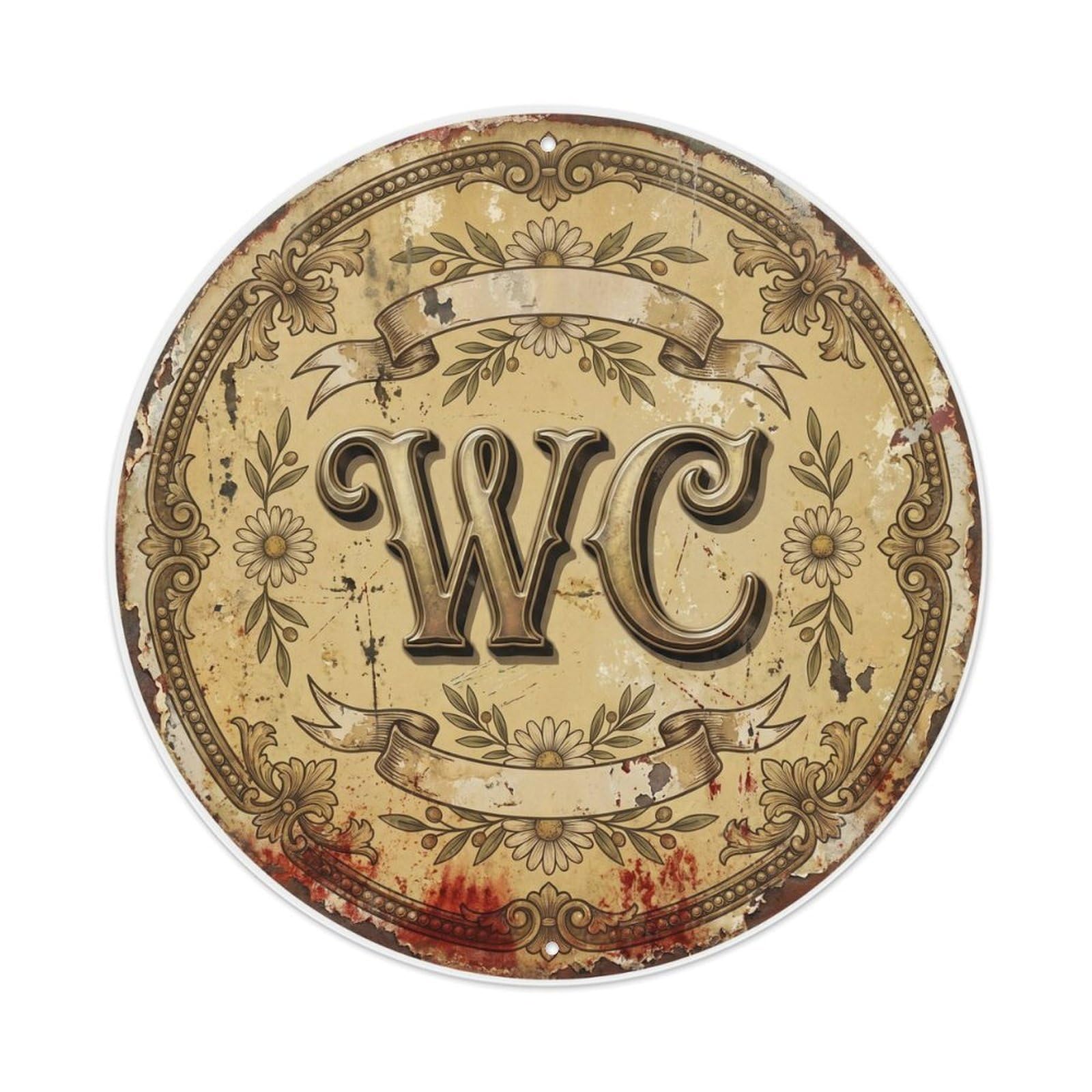 Toilet （WC） Ornate Ribbon Ornament Metal Tin Sign Plaque Wall Decor for Cafe, Club Bar, Office, Home Garden Round Metal Poster 8x8Inch