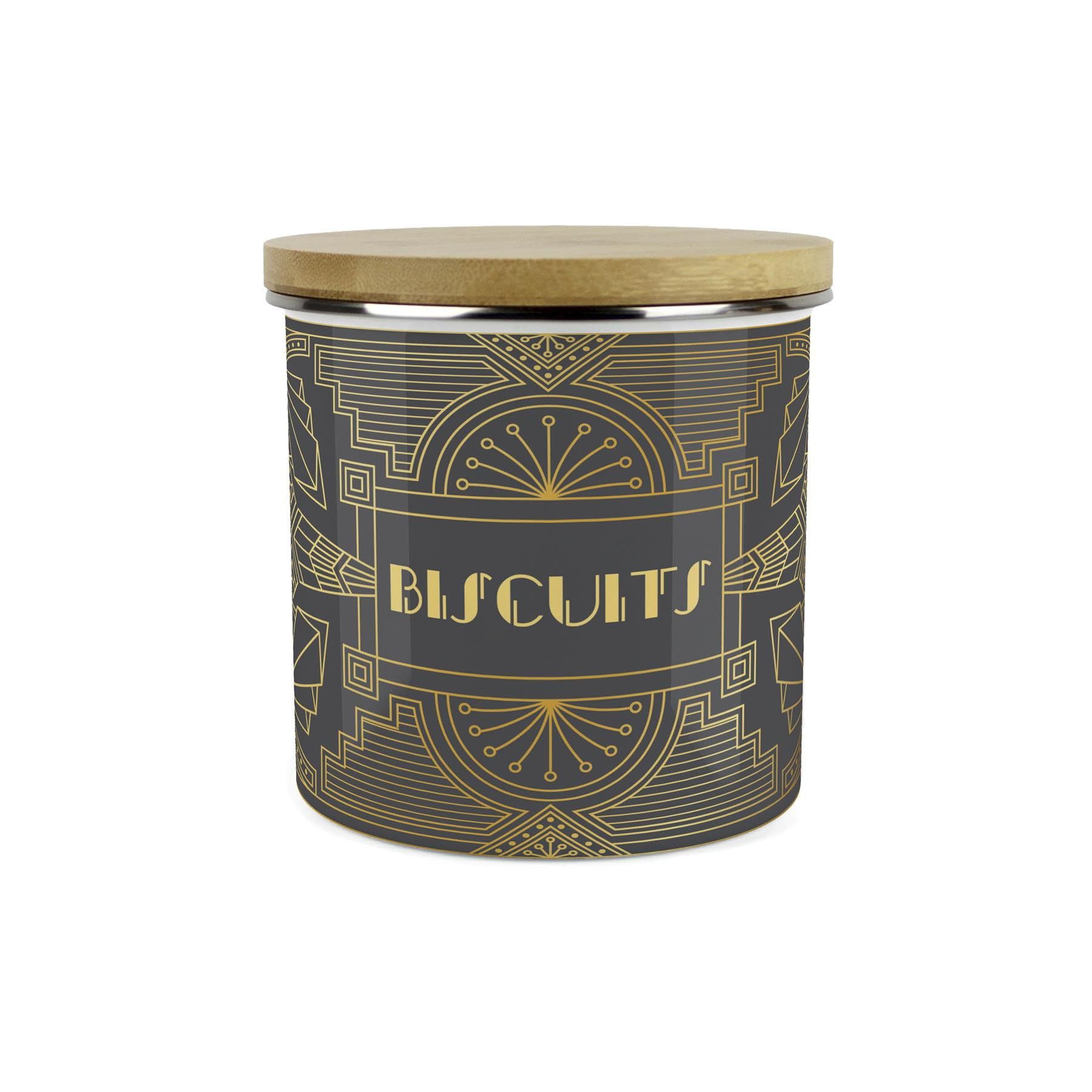 Vintage Glamour Small Biscuits Storage Canister - Retro Art Deco Hollywood Interiors - Gold & Charcoal 1.2L Enamel Food Kitchen Storage Container
