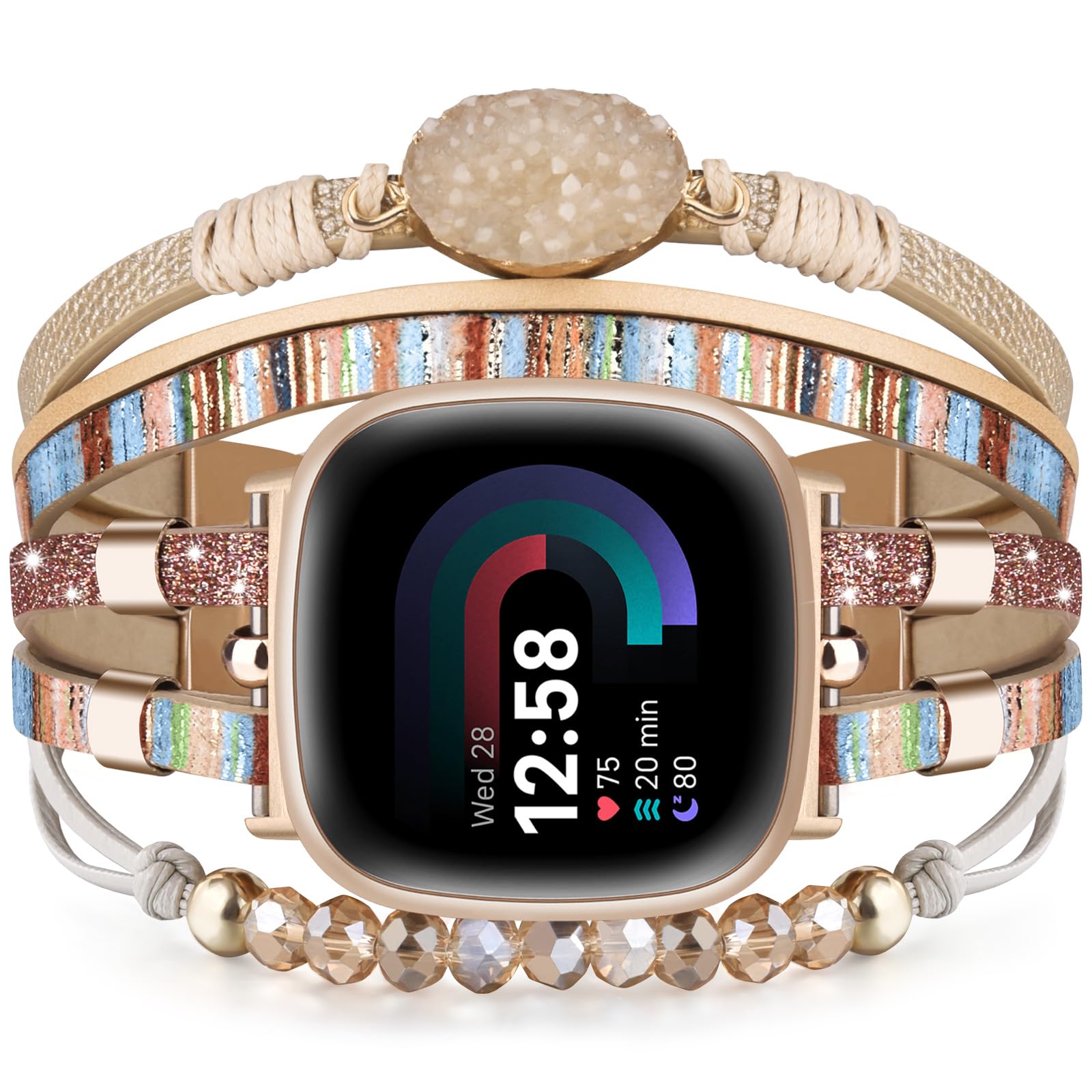VISOOMBeaded Boho Bracelet Compatible for Fitbit Versa 4/Versa 3 Bands/Fitbit Sense2 /Sense Women Leather Fashion Cute Handmade Multilayer Wrap Watch Strap for Fitbit Versa 4/Versa 3/Sense 2/Sense