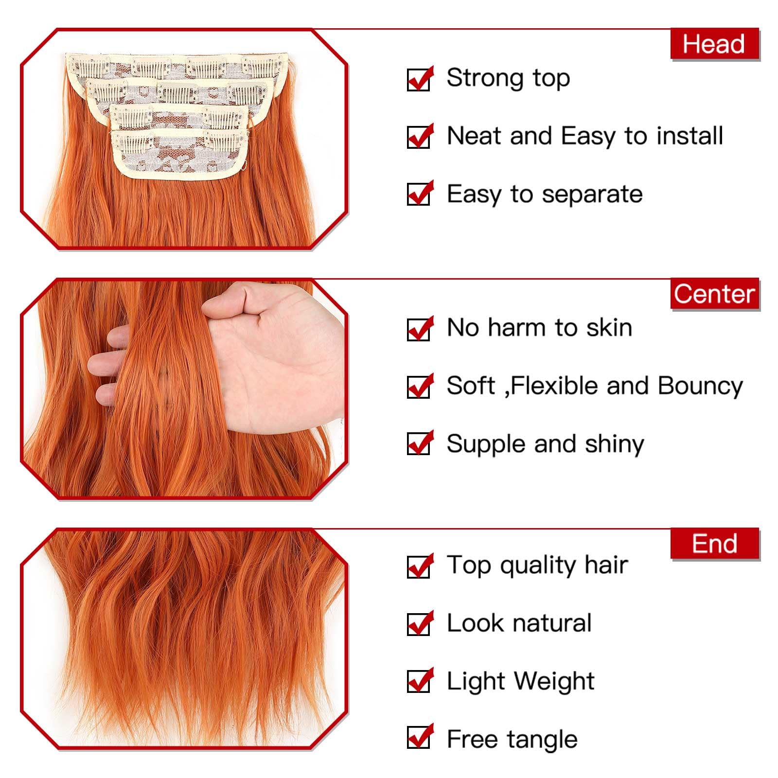 Xtrend 24Inch Auburn Clip in Hair Extensions, Synthetic Curly Wavy Pieces for Women Girls, 4PCS Full Head Set, Thick - Image 3