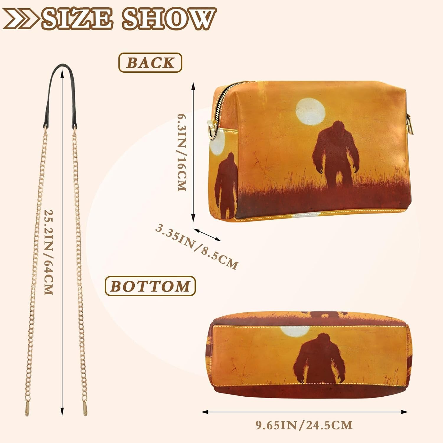 Women Crossbody Bag Shoulder Handbag Cellphone Purse PU Leather Metal Chain Strap Water Resistant Zipper Closure Sun Sasquatch Print