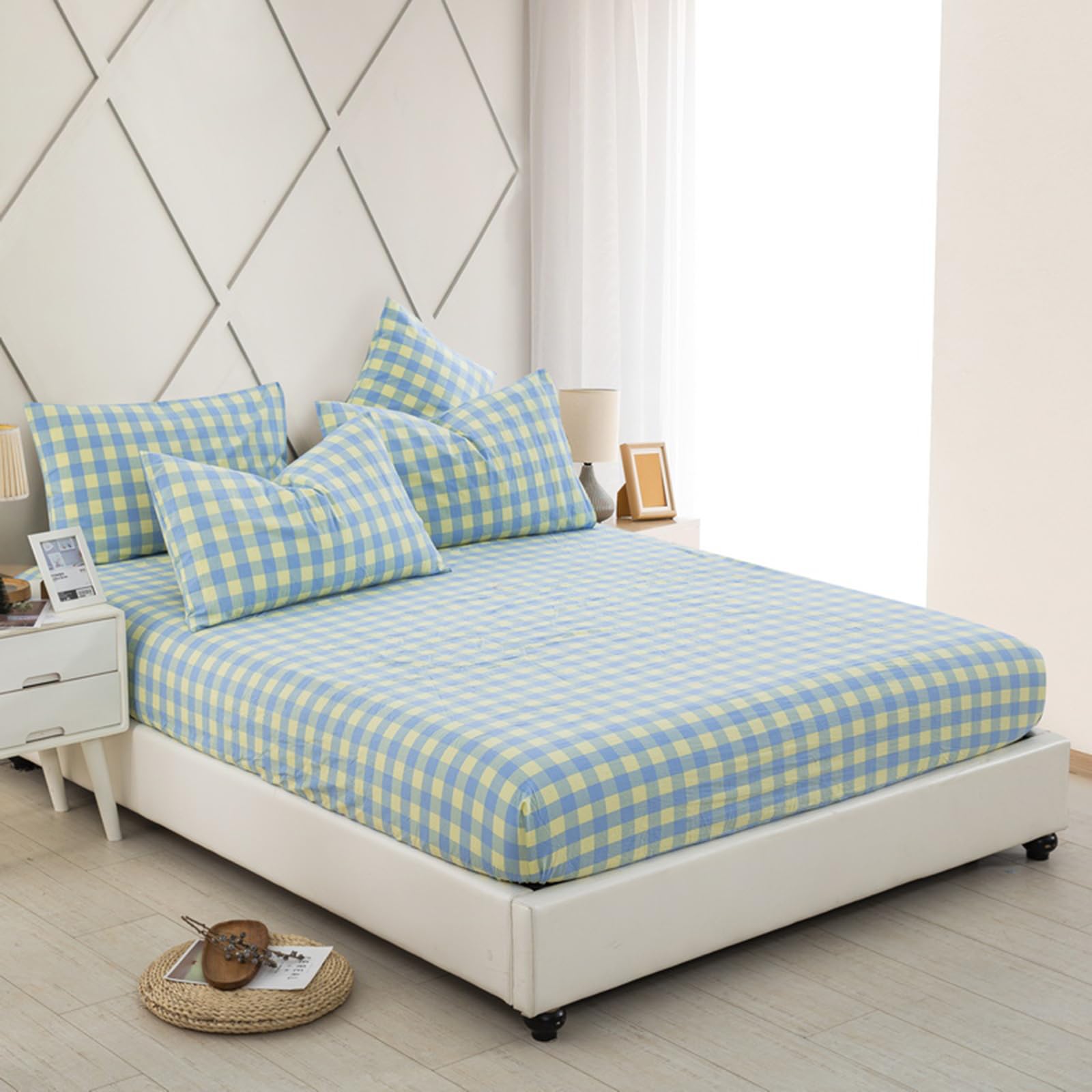 ZIQINPSQ Fitted Sheet Plaid Mattress Protector,100% Cotton Plaid Fitted Mattress Pad Cover with Deep Pocket Up to 18'' (Blue&Yellow, Twin XL)