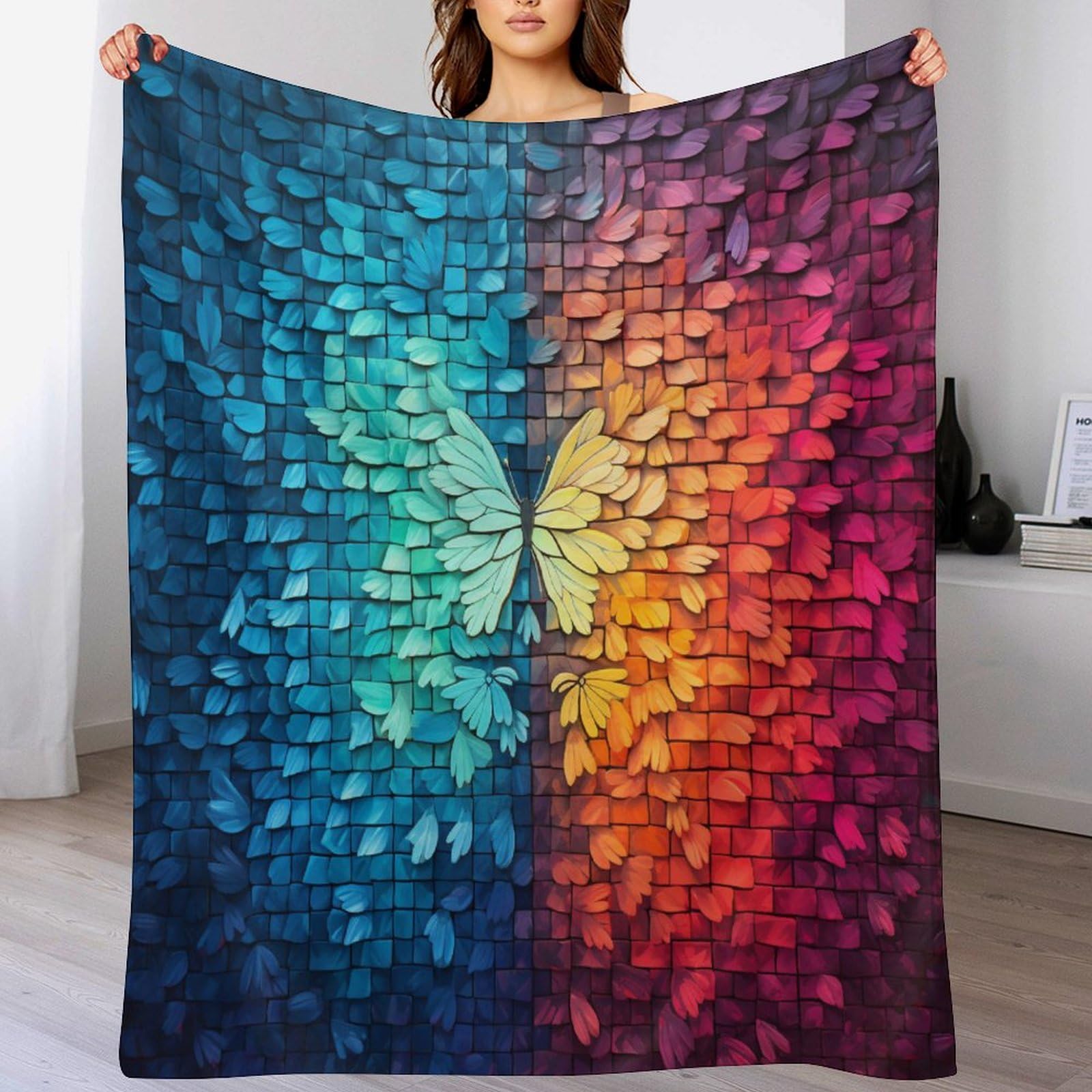 Couverture polaire papillon bicolore plaid en flanelle de lit douce pour canapé 100x130cm
