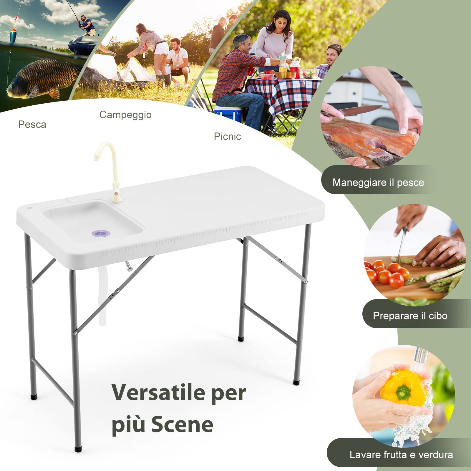 COSTWAY Tavolo da Campeggio Portatile, Tavolo Pieghevole con Lavandino, Rubinetto, Tubo di Scarico, Tavolo da Esterno, per Picnic e Campeggio, 115 x 59 x 93,5 cm, Portata 150 kg (Modello 6)