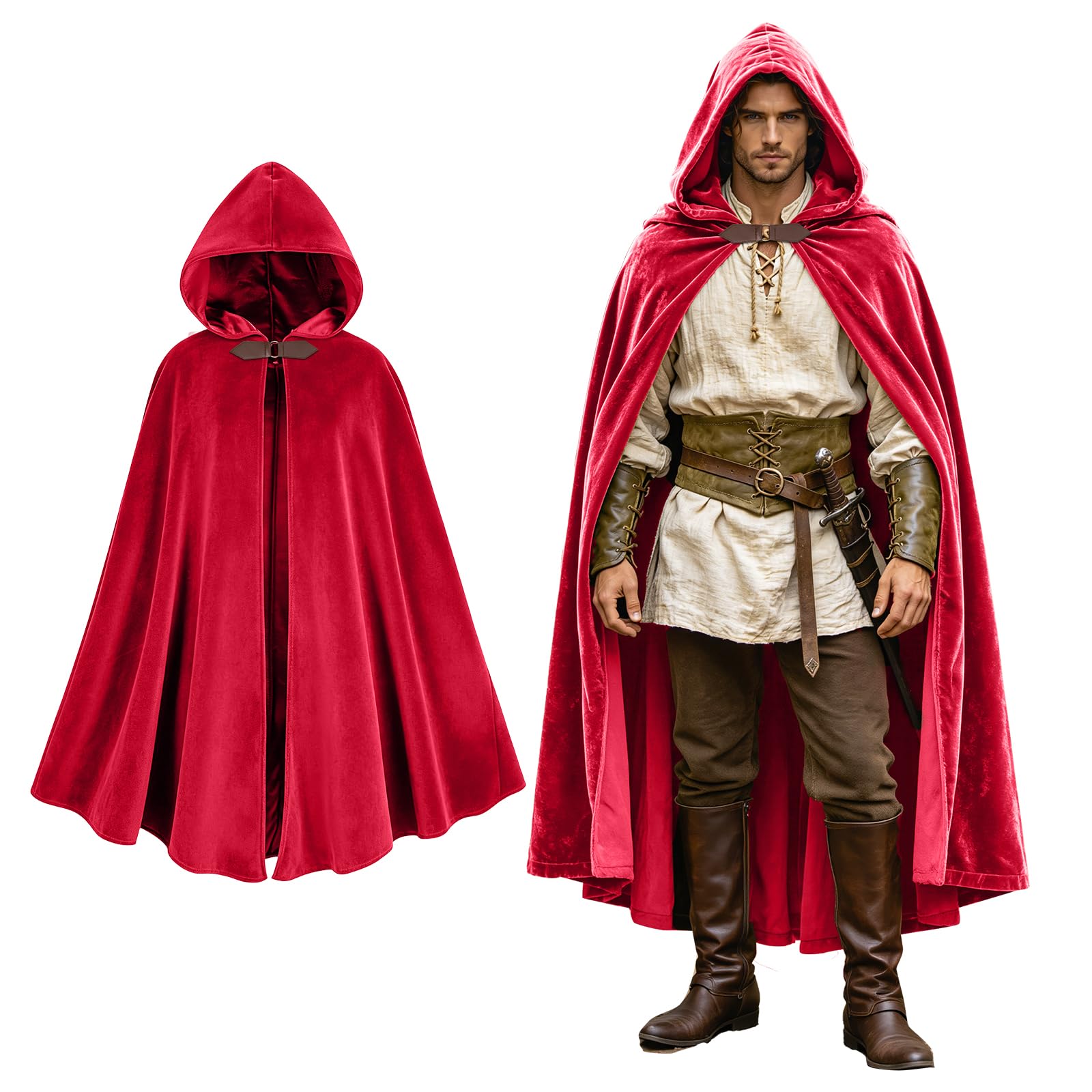 LLTTEER Medieval Costume Cloak with Hood,Victorian Renaissance long Hooded Cape Cloak for Women Men Halloween Costume (Red)