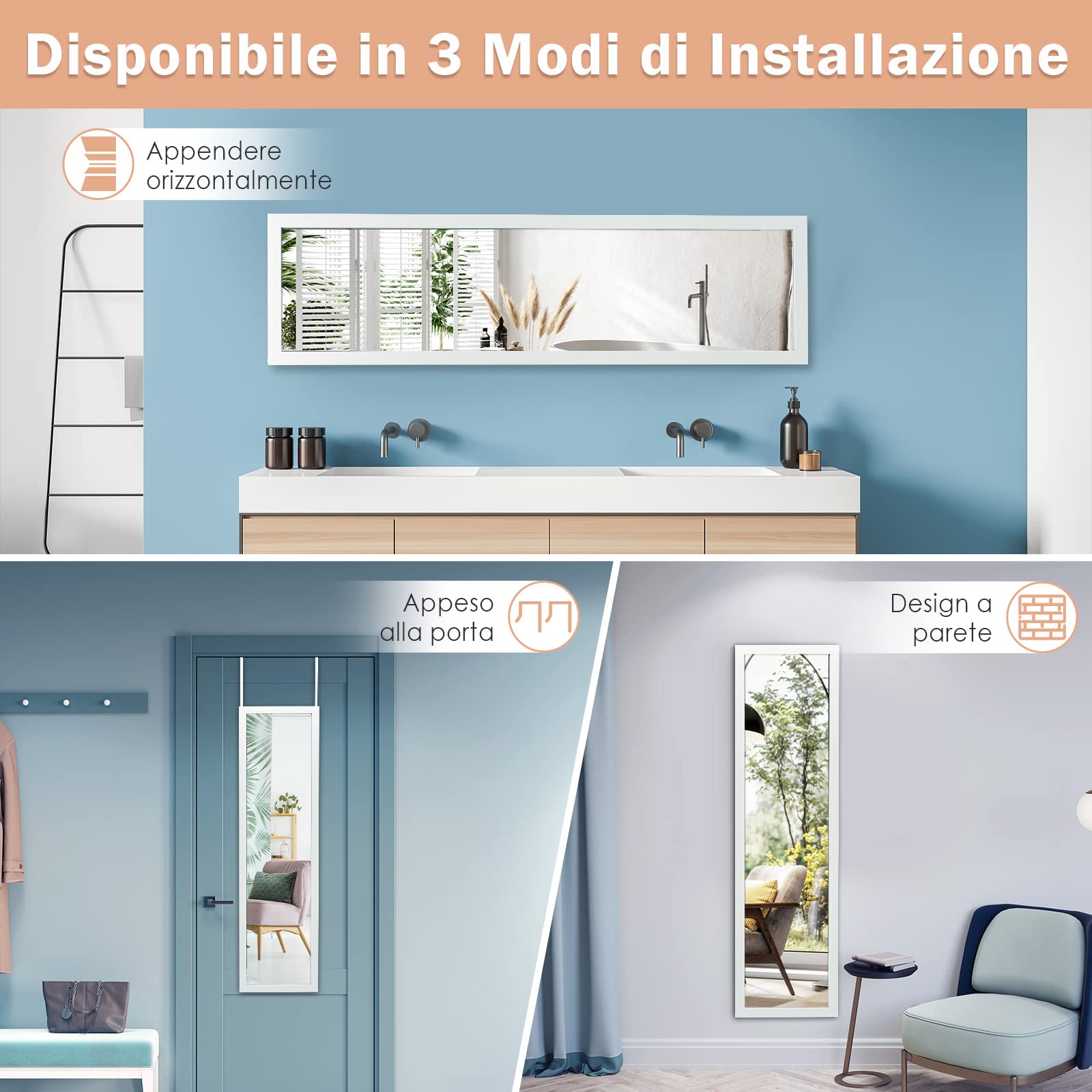 RELAX4LIFE Specchio da Parete a Figura Intera 119 x 33cm, Specchio Rettangolare, da Appendere Sopra la Porta, Specchio Moderno per Camera da Letto, Spogliatoio e Ingresso (Bianco)