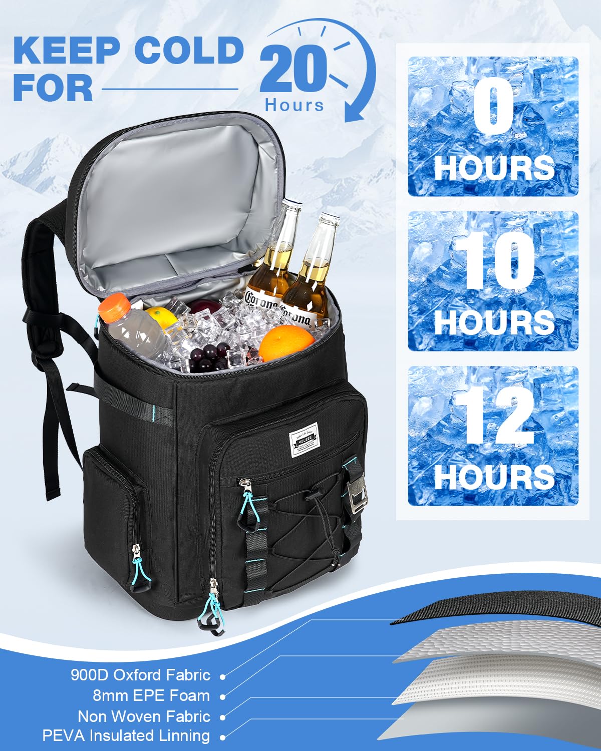 Mochila Nevera Grande, 30L Neveras Isotermica Portatil, Bolsa de Picnic con Aislamiento Hermético, Cooler Bag Tela para Playa, Camping, Viaje, Trabajo, Picnic, Negro