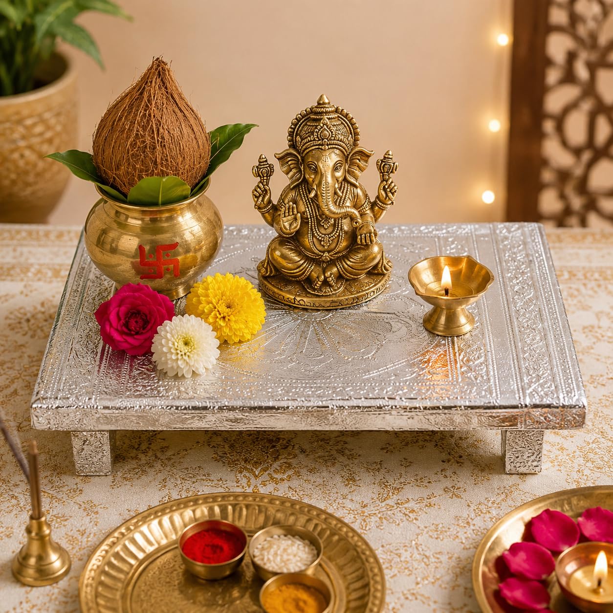 SGR Handicrafts Wooden Silver Pooja Chowki, 8 x 12 Inch Decorative Rajwadi Bajot for Home Temple, Idols, Kalash, Diya & Puja Rituals, Silver Finish Wooden Patla (Pack of 1)