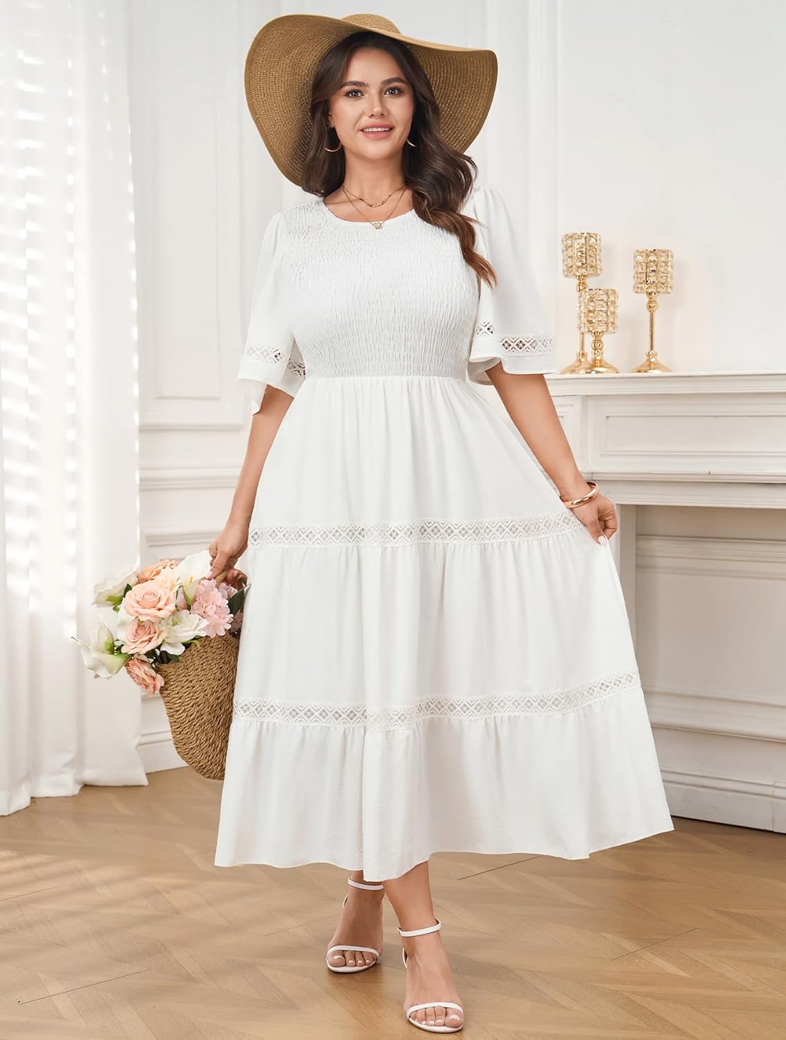 SCOMCHIC Women's Plus Size Maxi Dress Casual Crewneck Smocked Boho Elegant Hollow Out Summer Wedding Guest Dresses - Image 7