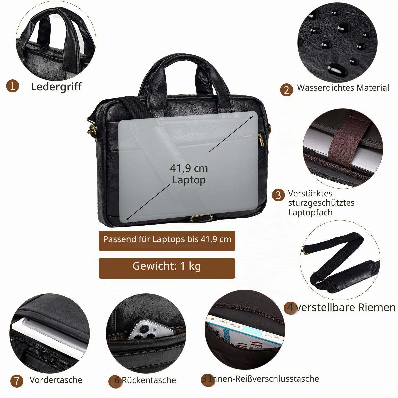 Herren Messenger Bag 17,3 Zoll Canvas/Leder Laptoptasche Rucksack für Herren Aktentasche Computer Handtaschen Schultertasche wandelbar, PU, klein, Schwarz, 16 inches, Retro