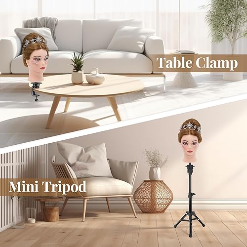 Miniatura 5 de Cabeza de maniquí 80% cabello humano con soporte para trípode, 28 pulgadas, maquillaje cosmetología, práctica de maniquí, cabeza de peluquería