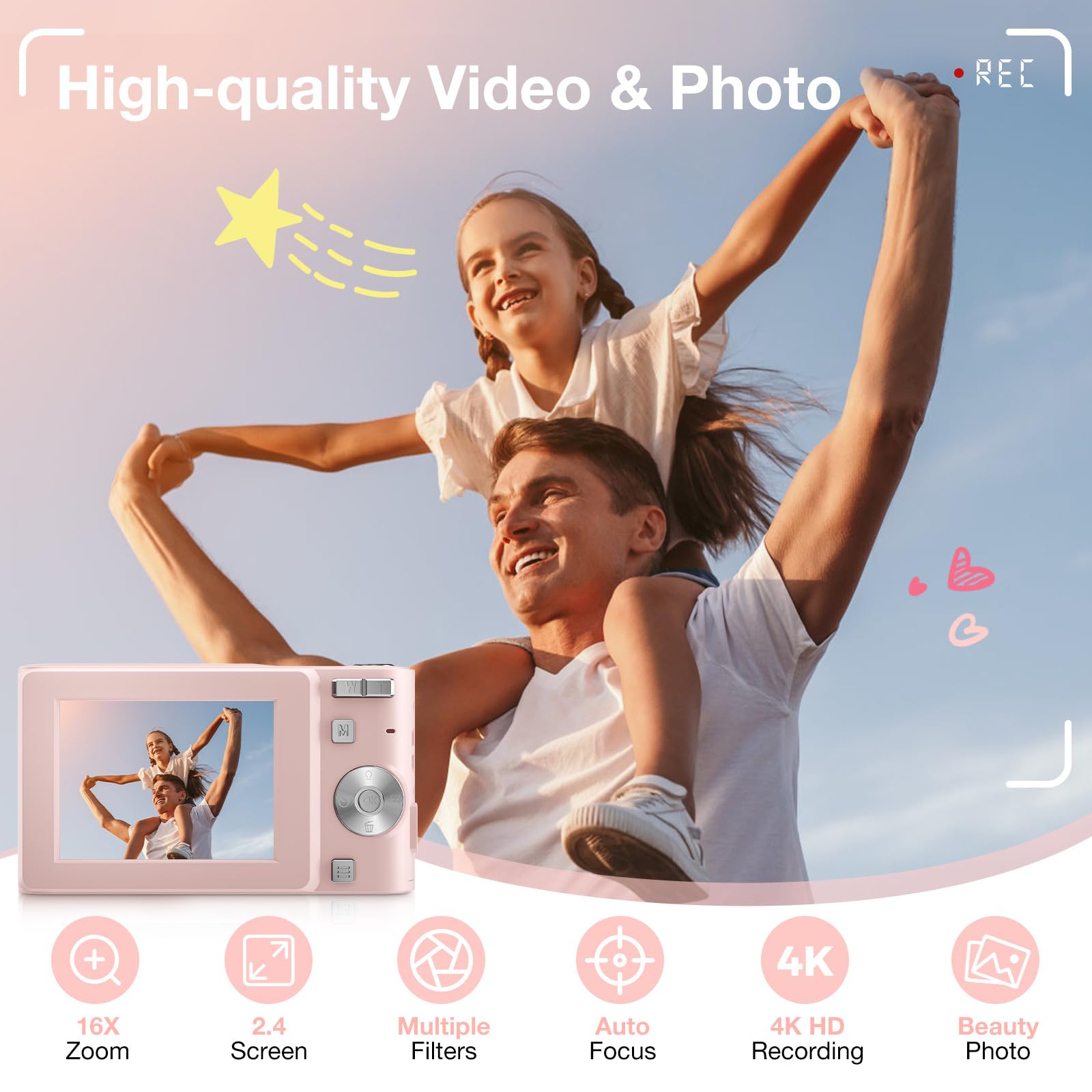 Hlieeosfcn Digital Camera, 1080P FHD 50MP Kids Digital Camera with 32G TF Card, Auto Focus Point timed shooting feature Rechargeable Compact Camera with 16X Digital Zoom Camera - Image 2