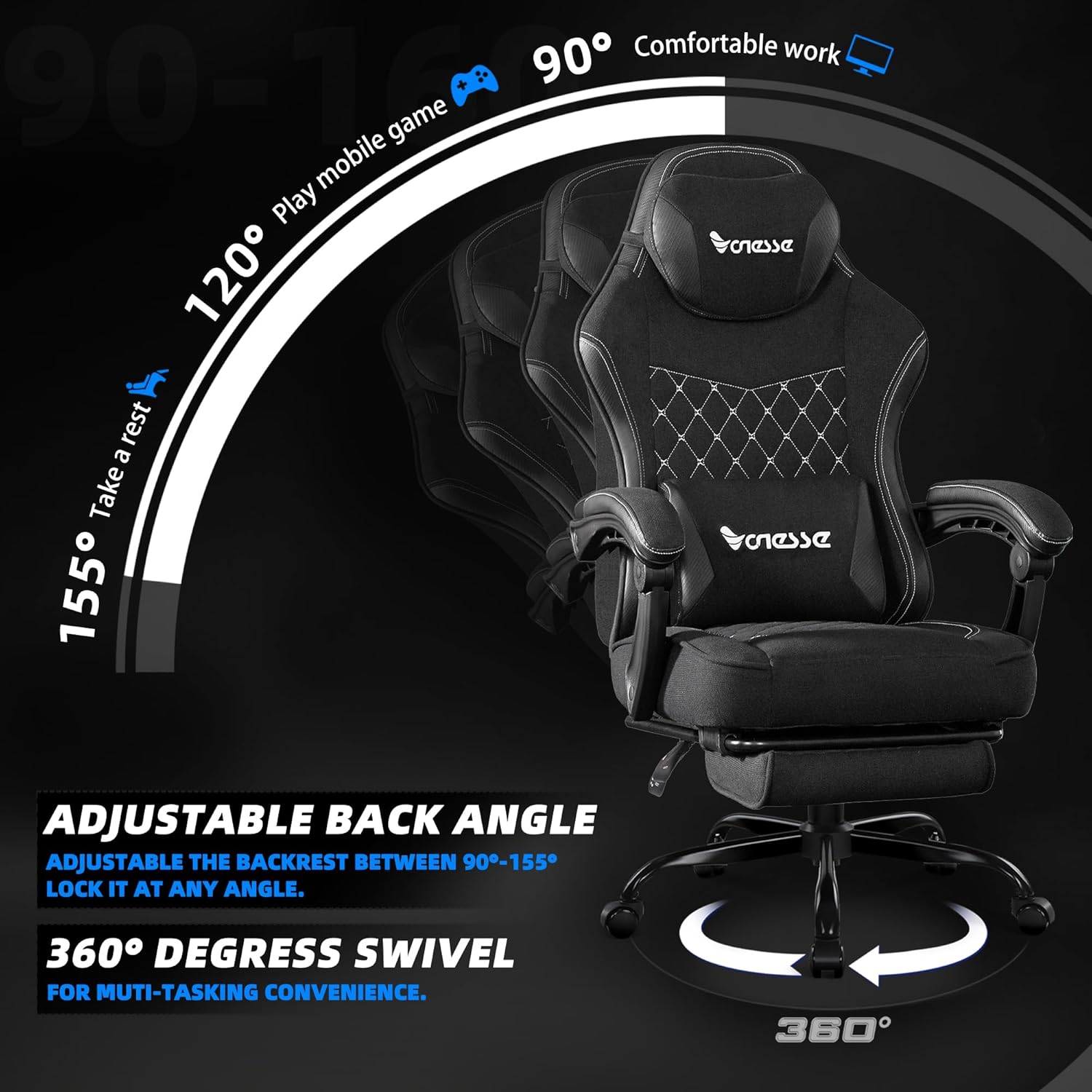 71w78mPk9xL._AC_SL1500_ Vonesse Gaming Chair, Computer Chair Fabric with Pocket Spring Cushion, Office Chair with Footrest and Massage Lumbar Support, Reclining Gaming Chairs for Adults 250LBS (Black)