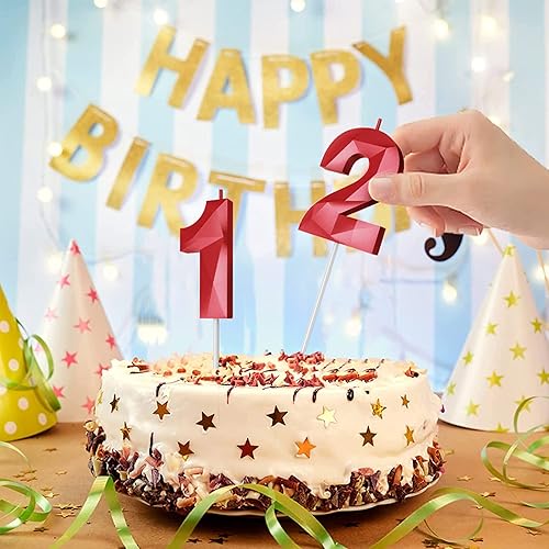 Miniatura 4 de Velas de cumpleaños con número (4 velas rojas) 3D con forma de diamante número Happy Birthday Cake Velas para fiesta de cumpleaños, boda, decoración