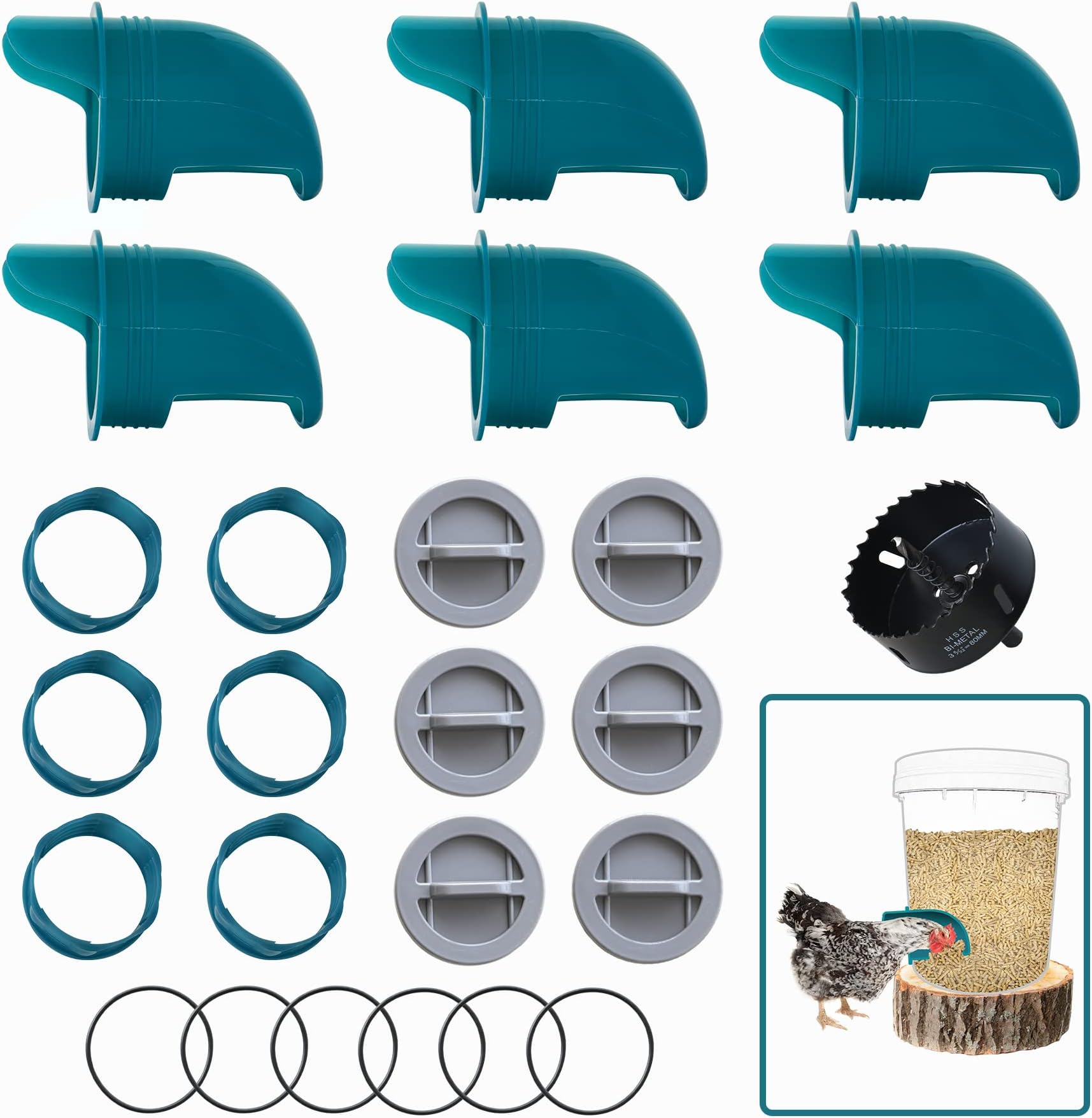Chicken Feeders No Waste 6 Ports + Holesaw, Automatic Chicken Feeder, Rain Proof Poultry Feeder for Chickens, Duck, Geese, Birds, Quail