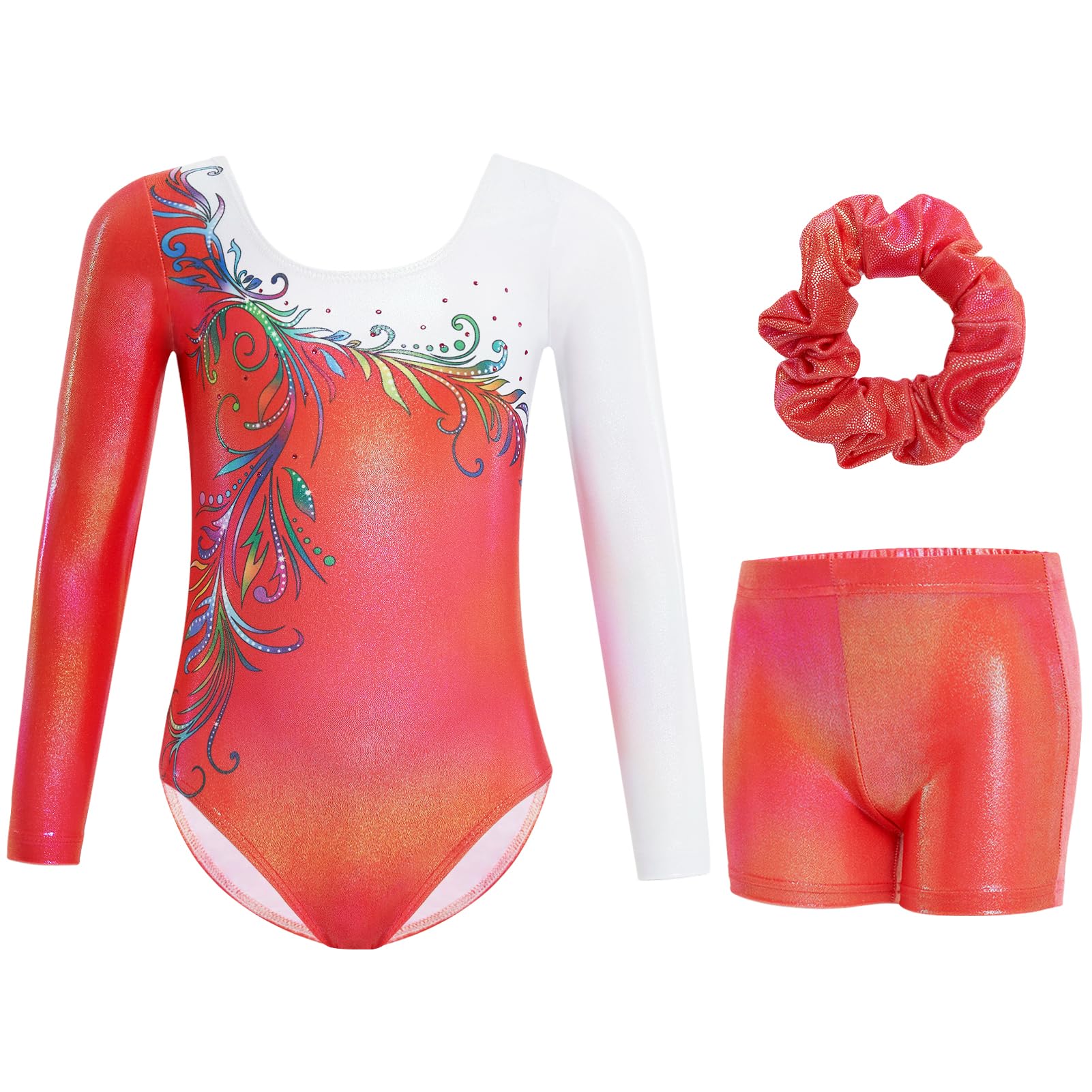 Gogokids Maillot de gimnasia de tres piezas para niña, de manga larga, con pantalones cortos y cinta para el pelo, ropa de gimnasia con diseño degradado para 3-12 años — view 10