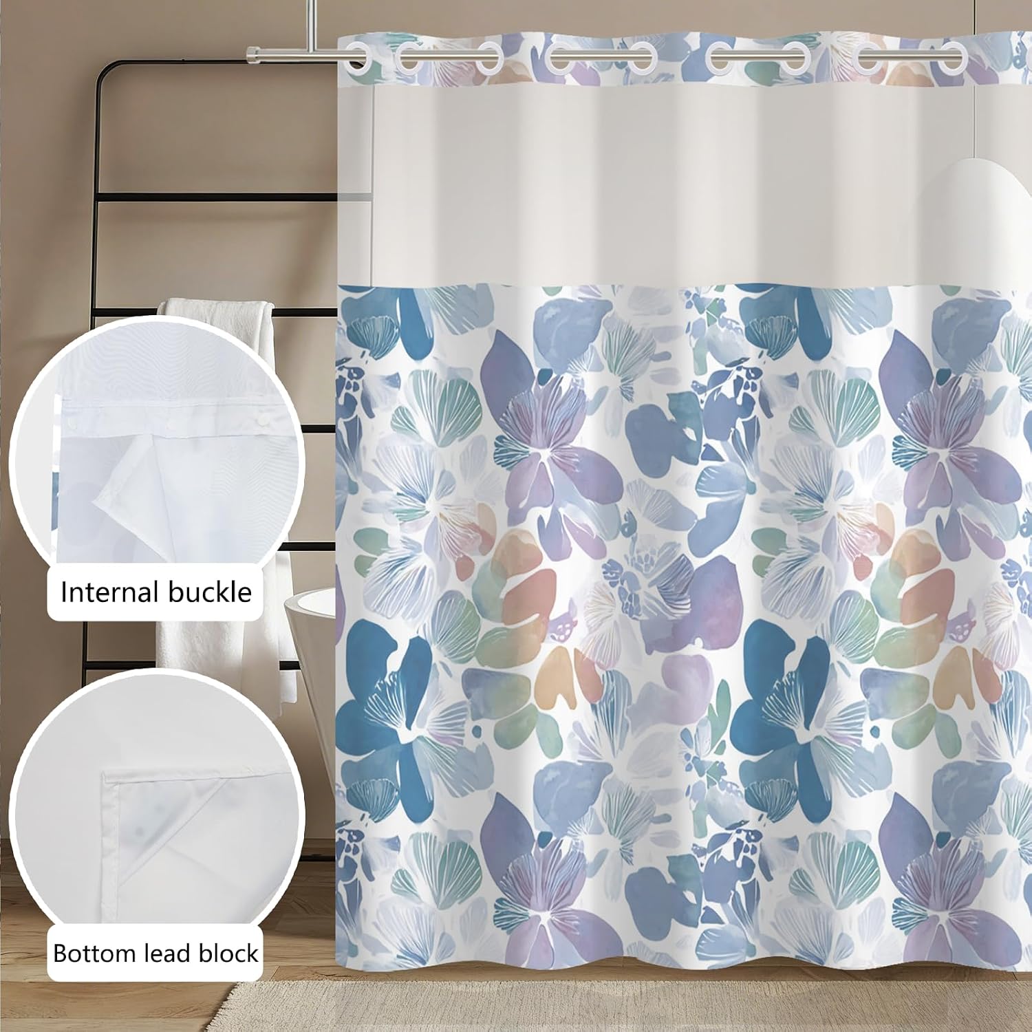 No Hook Floral Shower Curtain and Liner Set 71 x 74 Inch - Blue Watercolor Flower Pattern, Waterproof Fabric Bath Curtain with Mesh Top for Modern Artistic Bathroom Decor