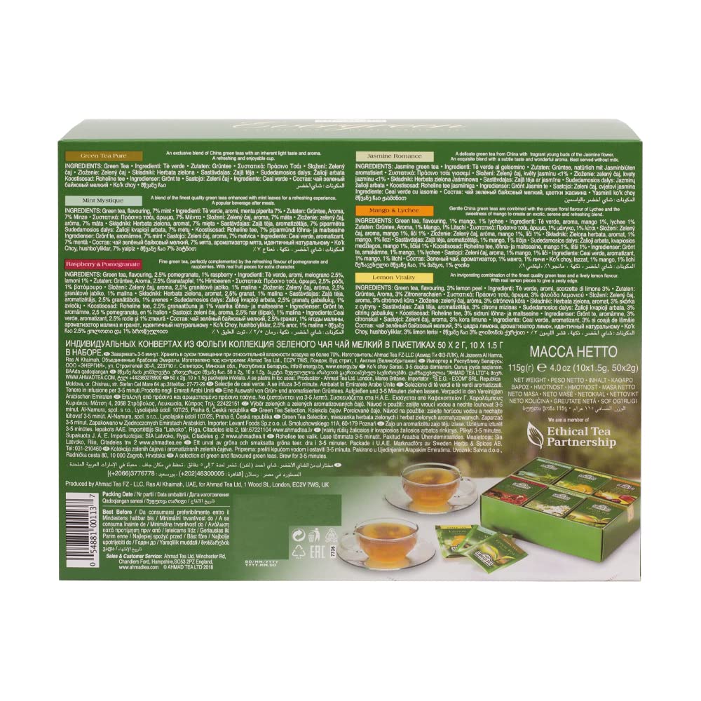 Ahmad Tea Green Tea, Evergreen Selection Pack Teabags, 60 Foil Teabags - Caffeinated and Sugar-Free