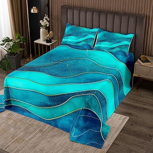 Erosebridal Sea Ocean Waves - Juego de ropa de cama tamaño individual, diseño de rayas geométricas doradas, juego de colcha de mármol abstracto para