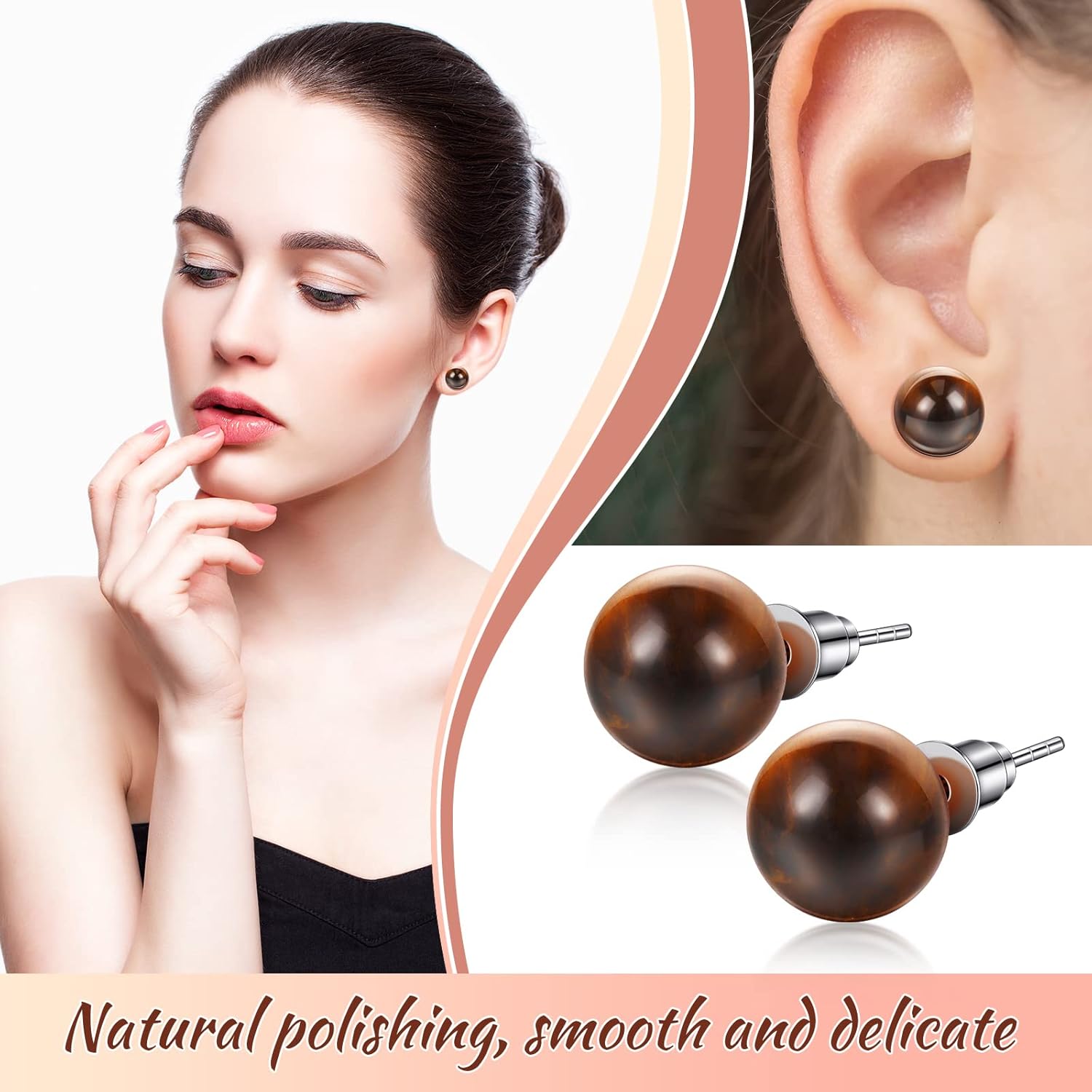 Laumoi 12 Pairs Natural Agate Stone Ball Studs Crystals Gemstone Amethyst Rose Quartz Earrings Studs Round Polished Earrings Jewelry for Women - Image 6