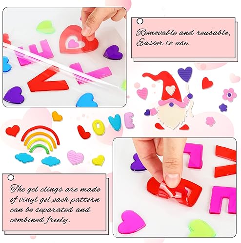 Miniatura 6 de Whaline 7 hojas de gel para ventana del día de San Valentín, diseño de gnomo de amor con corazón, Be Mine Kiss Me, calcomanías de gelatina para