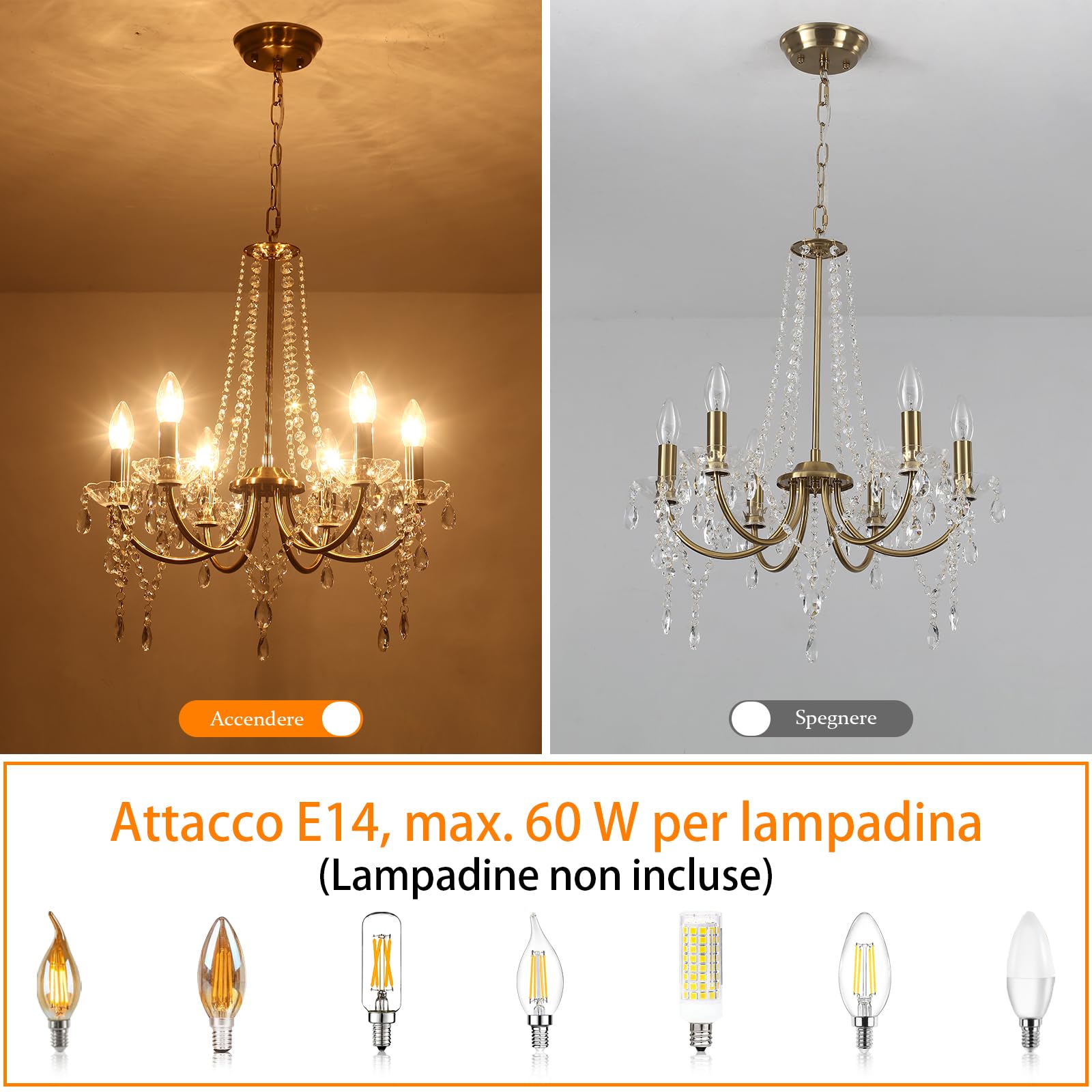 Lampadario moderno in cristallo dorato, lampada da soffitto vintage a 6 luci in cristallo, lampadario a sospensione per soggiorno con attacco E14, per camera da letto, cucina e sala da pranzo