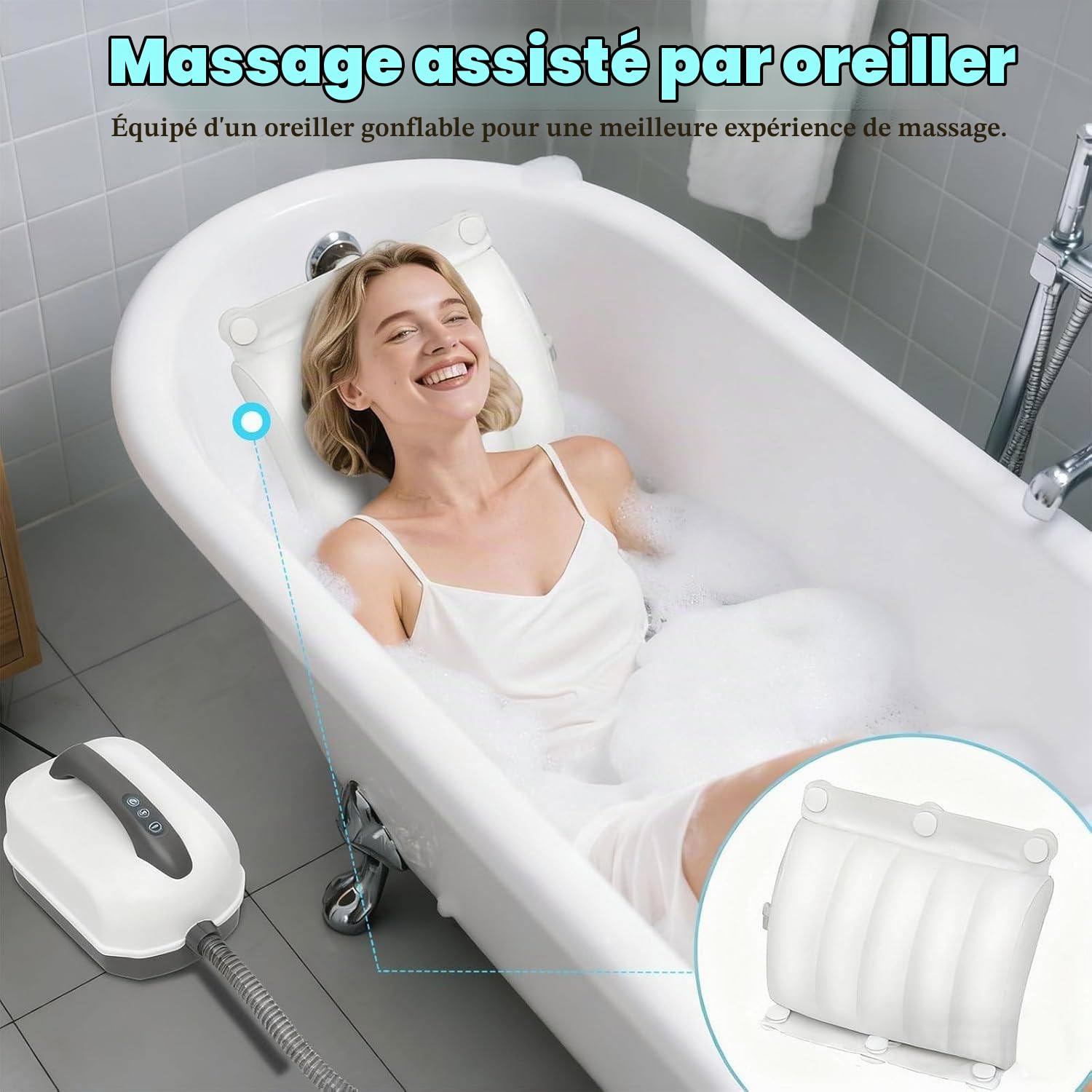 Tapis De Bain à Remous Portable pour Spa, Baignoire à Tapis à Bulles avec 6 Niveaux Réglables Et Télécommande, Pompe à Air Et Lumières LED, Machine à Bulles pour Baignoire