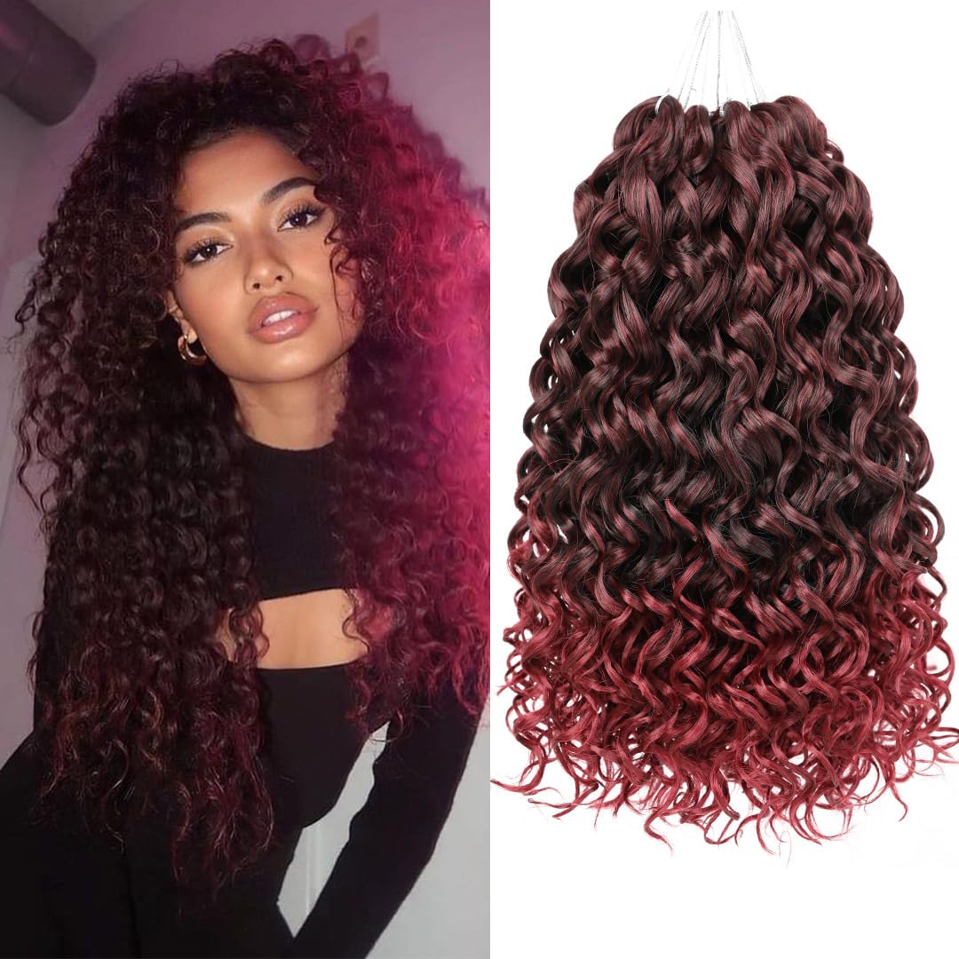 ZRQ 14 Inch GoGo Curl Crochet Hair 8 Packs Burgundy Beach Curl Hair For Women,Synthetic Water Wave Curly Deep Braiding Hair Crochet Braids Hair