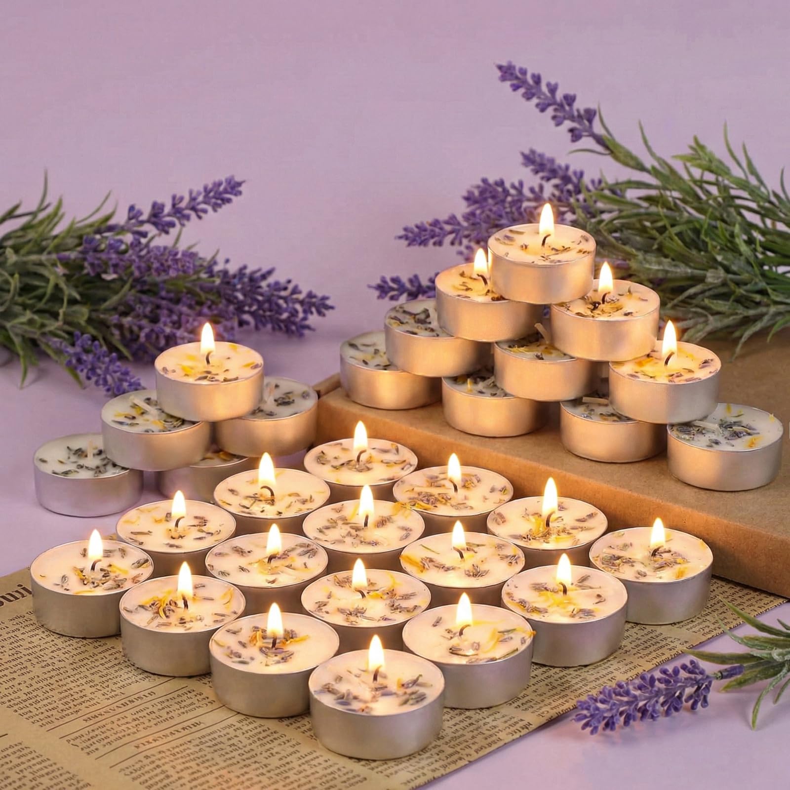 Lavender Scented Tealight Candles 16pack - Palm Wax White Tea Lights, Plant Dried Flower Scented Tea Lights Candles (Paraffin-Free), Scented Votive Candles for Wedding, Home Decor