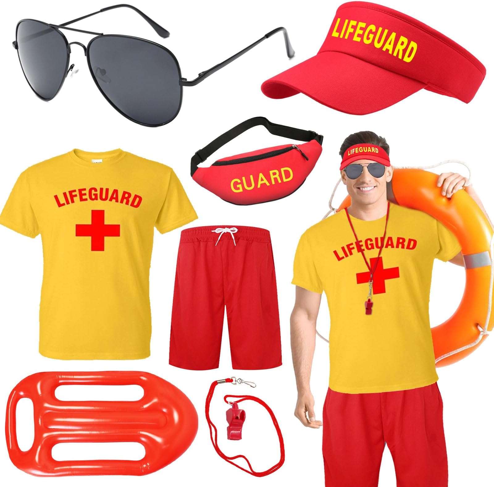 7 Pcs Life Guard Costume Set Guard Accessories Kit Include T-shirt Shorts Hat Fanny Pack Whistle Inflatable Float Prop Sunglasses Life Guard Fancy Dress for Men Women Halloween Cosplay Dress Up Party