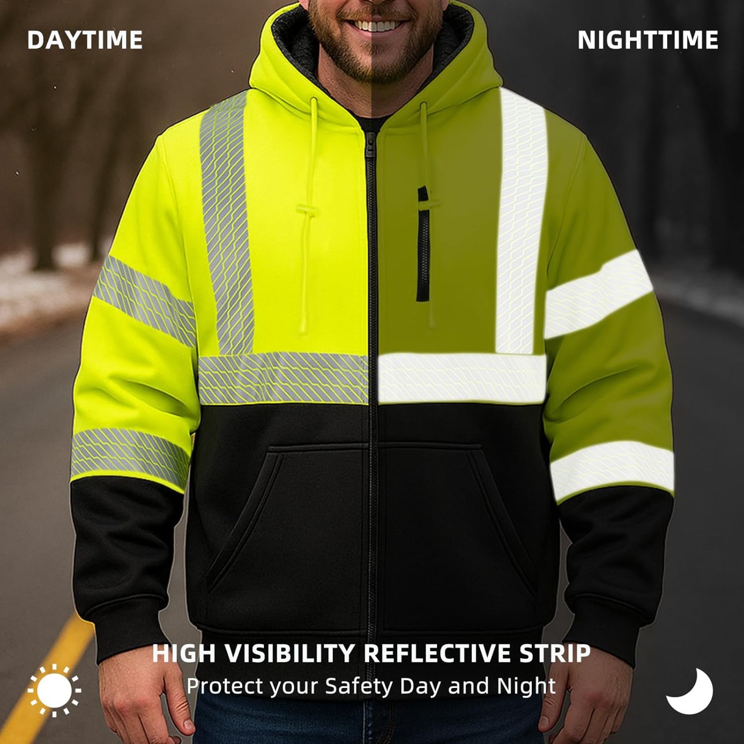 Hi Vis Hoodie Reflective Safety Jacket for Men,Class 3 High Visibility Sweatshirt Zipper for Work Construction - Image 5