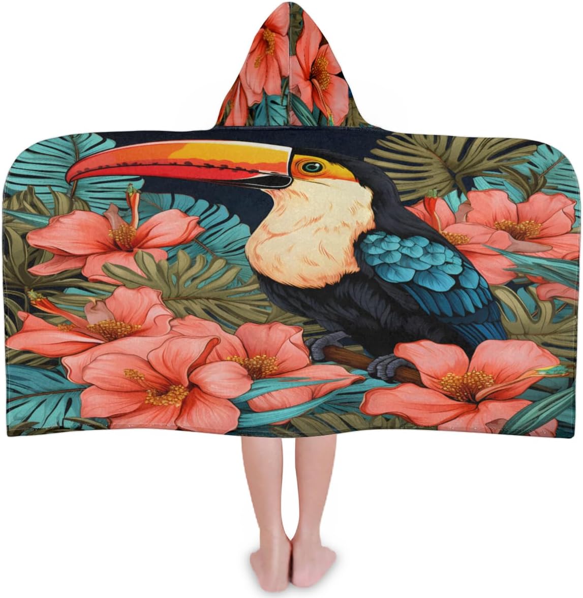 Pardick Kids Bath Towel Poppy Flower Toucan Beach Towel with Hood Pool Cover Up for Girls Boys Soft Absorbent Hooded Bath Towel Toddler Towels for Beach, Pool