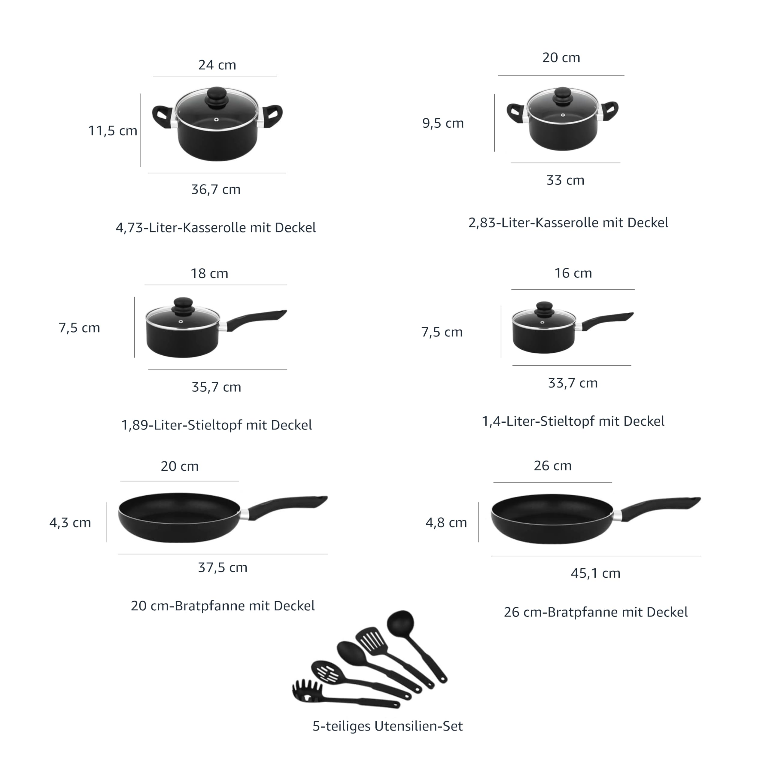Amazon Basics - 15-teiliges Kochgeschirr mit Antihaftbeschichtung, Schwarz – Ansicht 4
