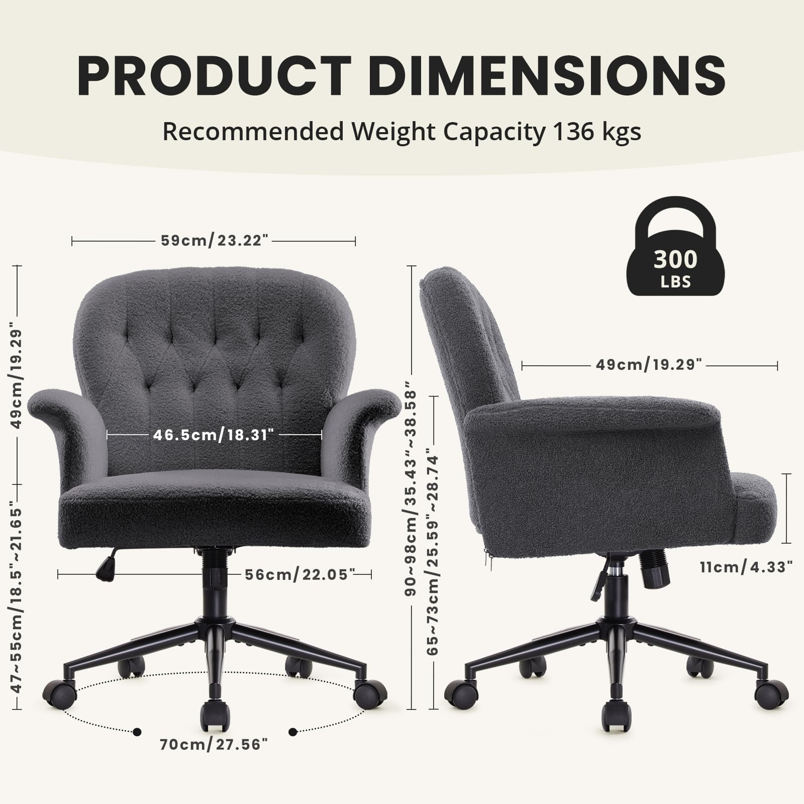 IWMH Chaise de Bureau Ergonomique Accoudoirs Velours Chaise Coiffeuse Gris