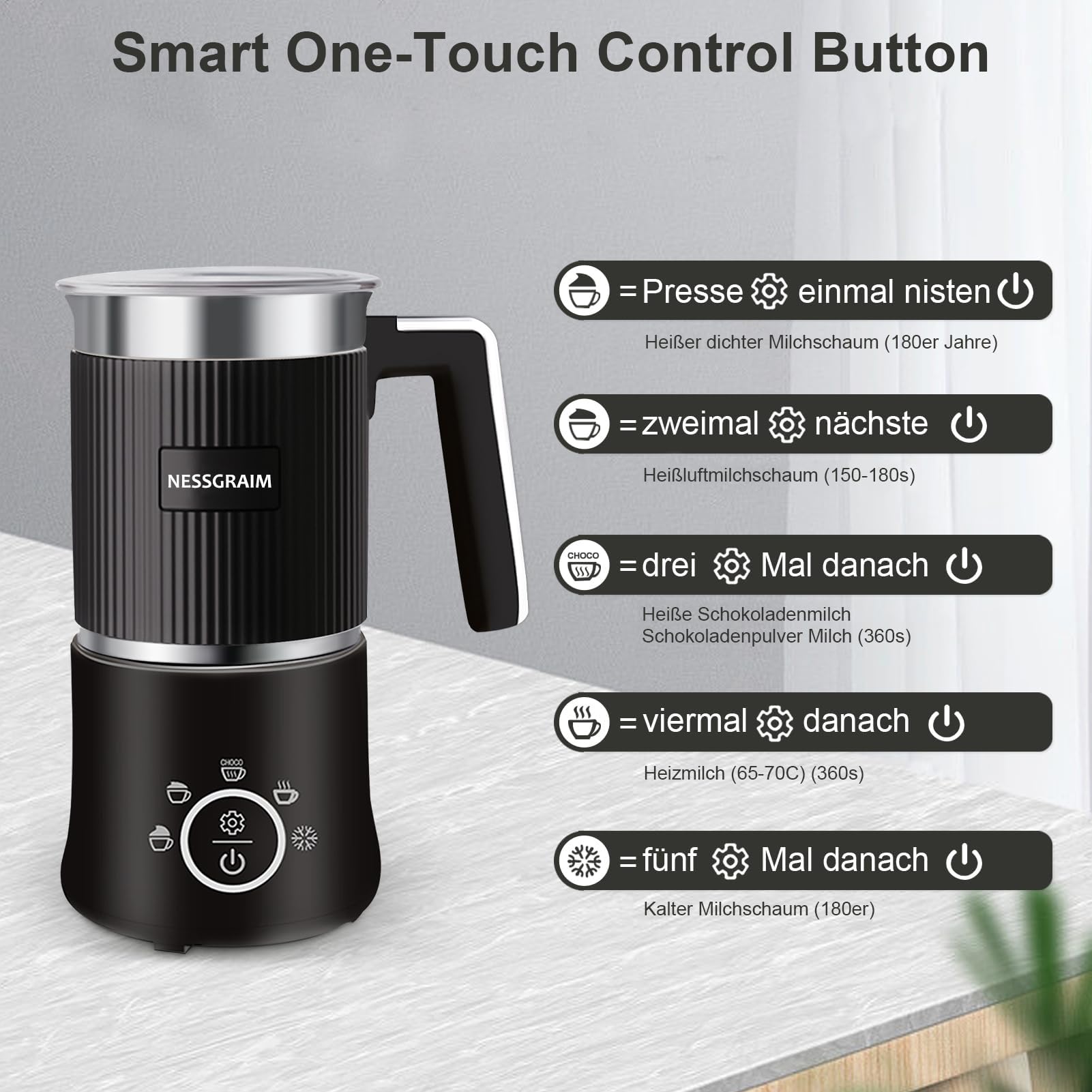 Milchaufschäumer Elektrisch 5-in-1, Milchschäumer Spülmaschinenfest mit Kakao Funktion für heißer Schokoladen, Heißer/Kalter Milchschaum, Warme Milch, 220V (Schwarz)