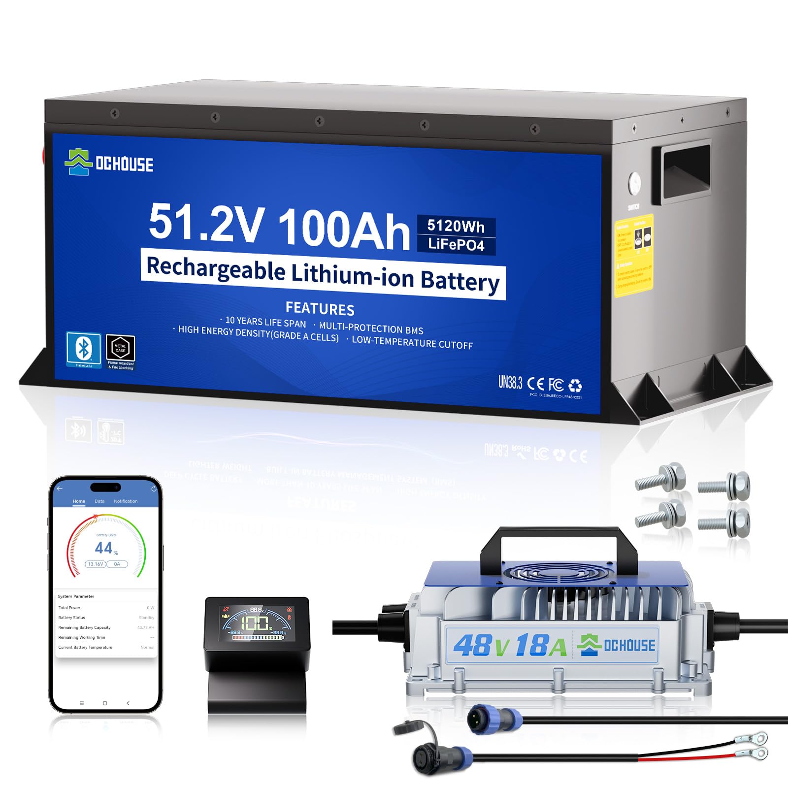 DCHOUSE Batería Litio 48V 100Ah con Cargador 18A para Carrito Golf y RV | BMS 200A, 670A de Corriente Máxima, Bluetooth vía App Móvil y LCD