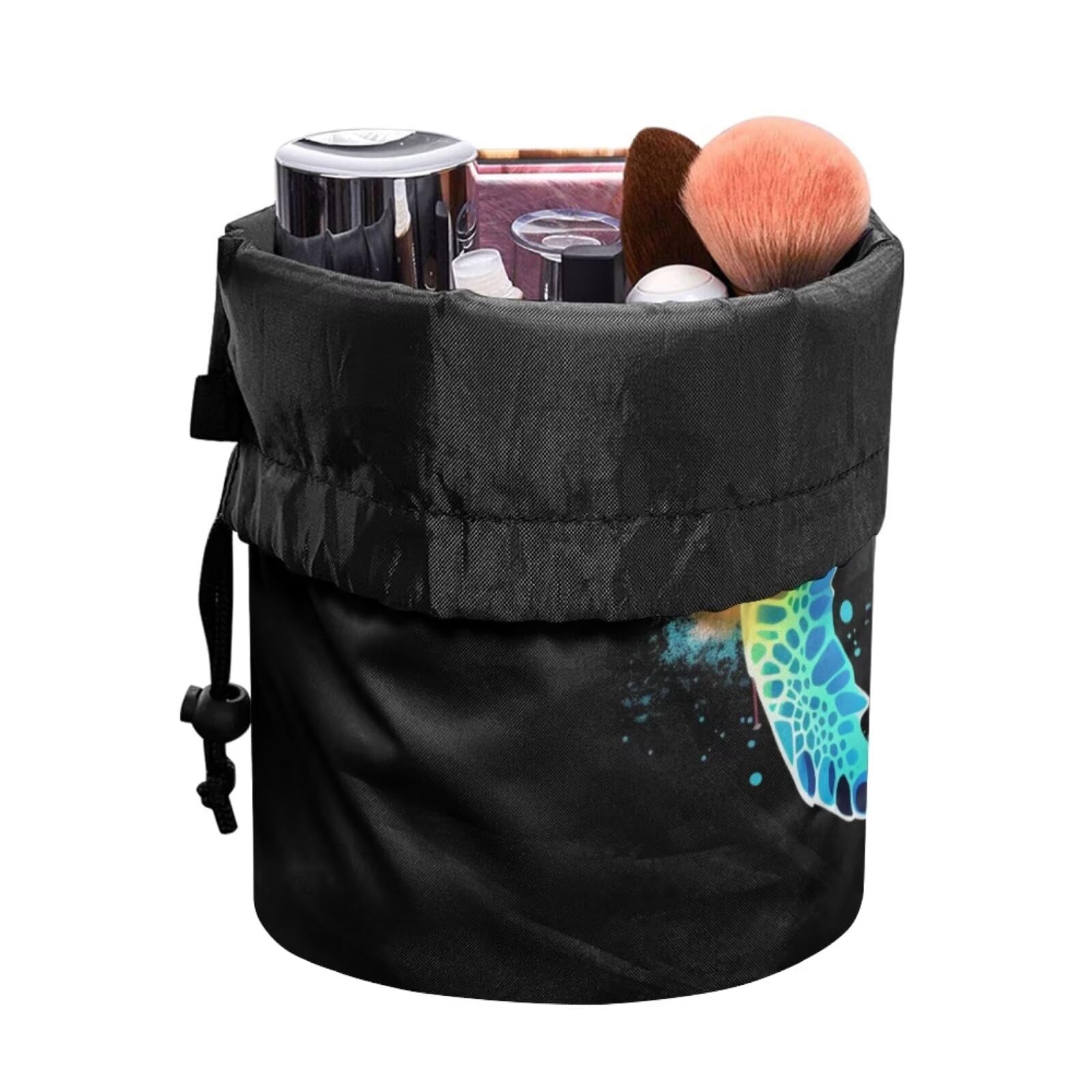 chaqlin Black Sea Turtle Travel Cosmetic Bags Barrel Makeup Bag,Portable Foldable Cases Multifunctional Toiletry Bucket Bags Round Organizer Storage Pocket for Women - Image 2