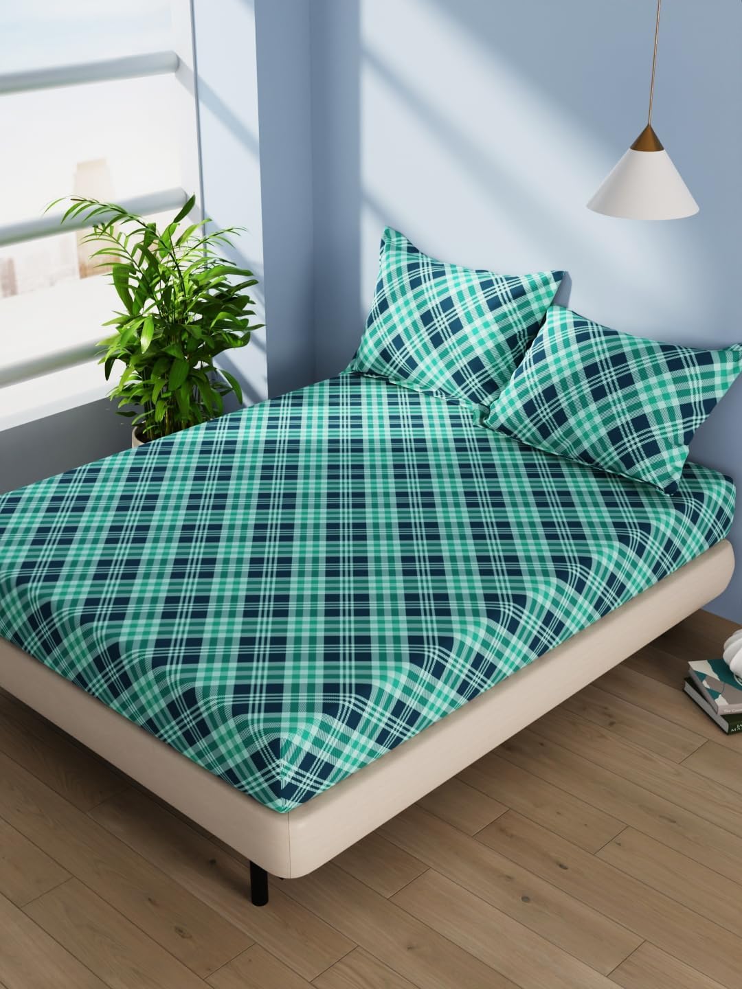BIANCA Cotton Double Bedsheet with 2 Pillow Covers -3pc Set (Serina) | 100% Soft Natural Cotton | 1 Double Bedsheet with 2 King Size Pillow Covers Checks-Teal