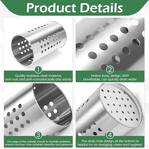 Miniatura 3 de EORTA Soporte para utensilios de cocina de acero inoxidable, cilindro, organizador de drenaje de cubiertos, escurridor con agujeros de drenaje