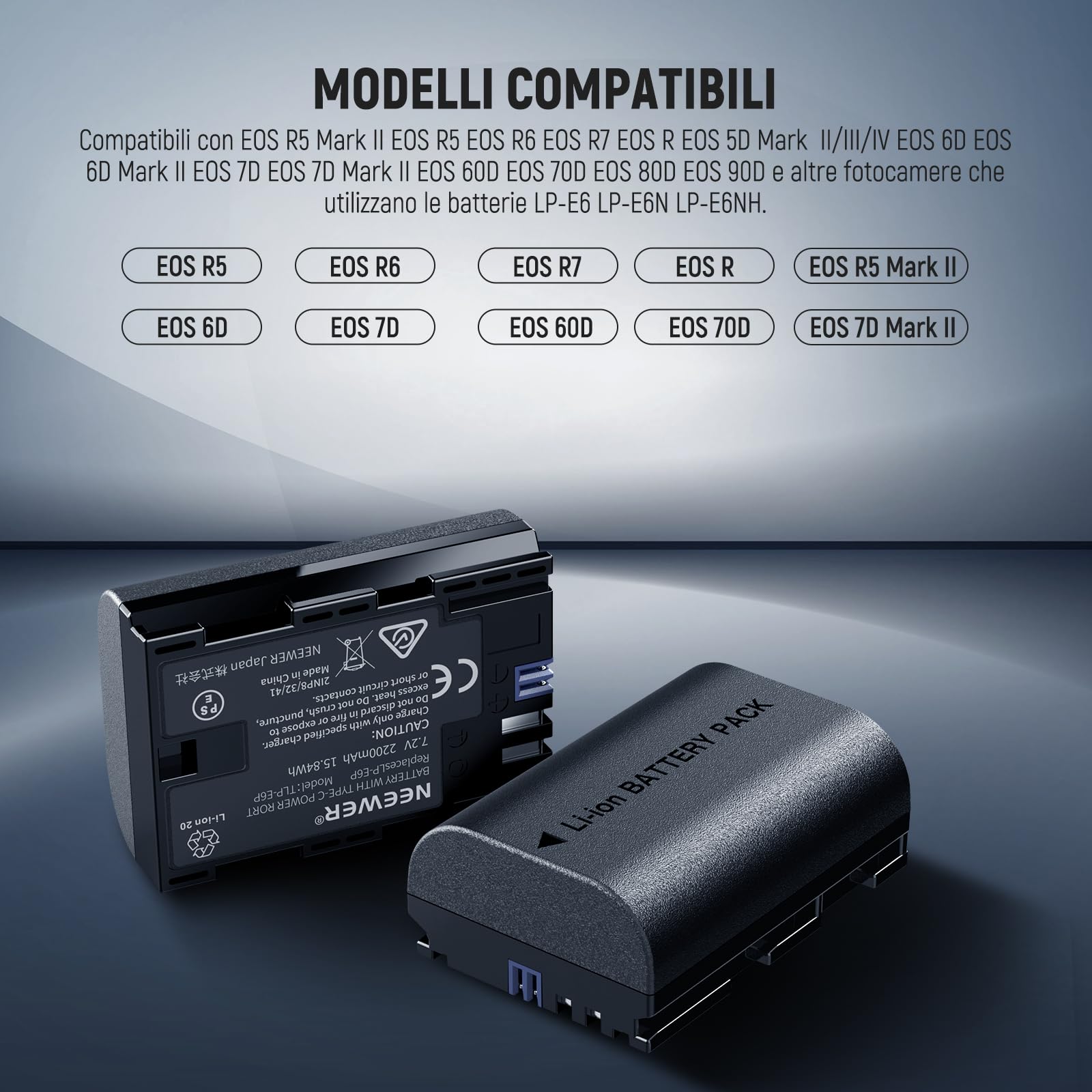 NEEWER Confezione da 2 batterie LP-E6P/LP-E6NH/LP-E6N da 2200 mAh e caricabatterie doppio USB, compatibili SOLO con Canon EOS R5/R6/R7 5D/6D/7D/60D/70D/80D/90D