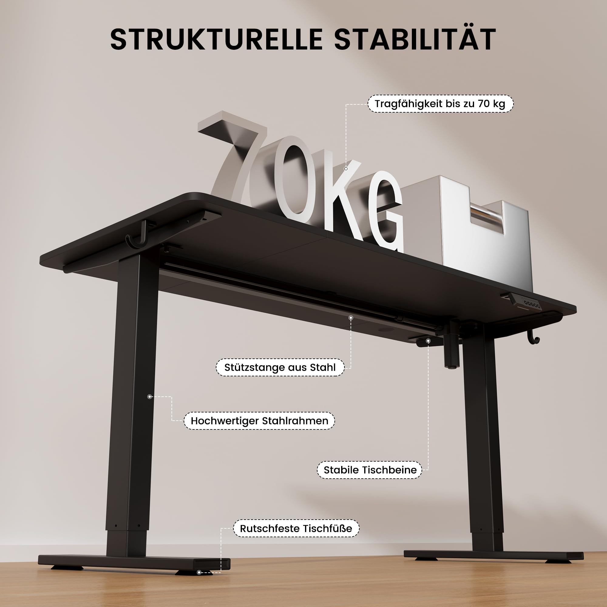 Höhenverstellbarer Schreibtisch 60x110cm,Elektrischer Schreibtisch mit Memory- und Anti-Kollisionsfunktion,Höhenverstellbar 70–117 cm, Ideal für Büro, Homeoffice und Gaming(Schwarz)