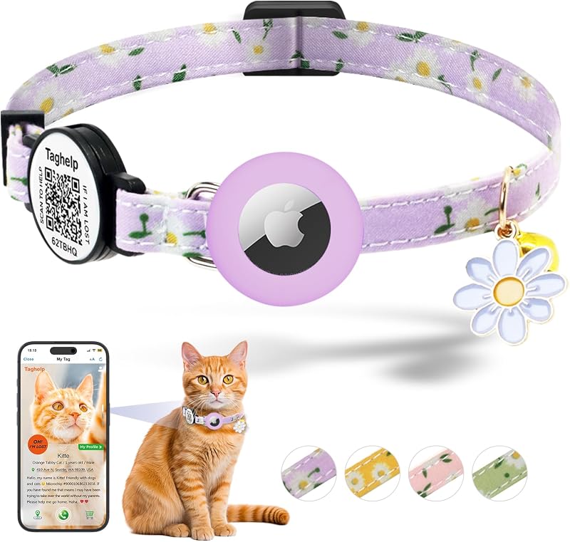 Coleira para Gatos com Suporte para Apple AirTag, QR Code, Fivela Breakaway e Pingente de Flor Taghelp Roxa 20,32–33,02 cm