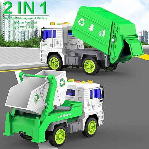 Miniatura 3 de Gizmovine Juguetes para camiones de basura paquete de 2 juguetes para camiones de basura con luz y sonido juego de juguetes para camiones de