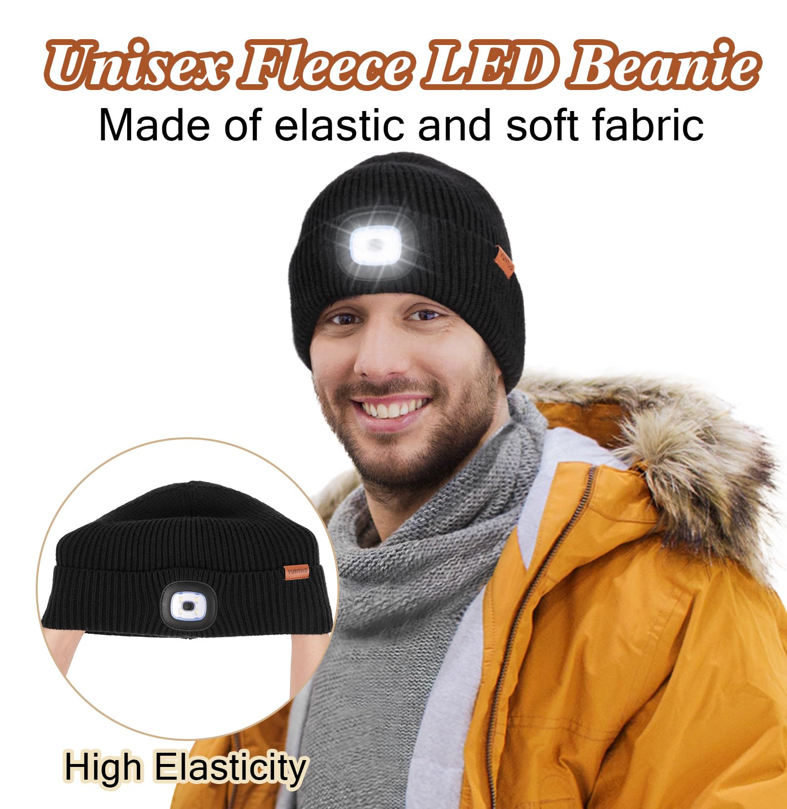 YunTuo Fleece Lined Hat with Light, USB Rechargeable LED Beanie Winter Warm Knit Stocking Cap, Gifts for Men Women Orange