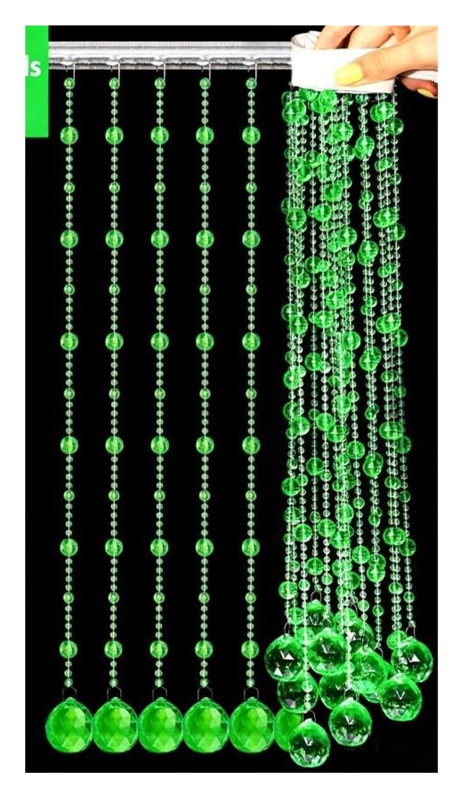 Rideau de Perles en Cristal Artificiel à 19 Cordes, décoration Porte Suspendue Multicolore, séparateur pièce(Green,1M Adhesive Strips_1.2M Bead Chain)