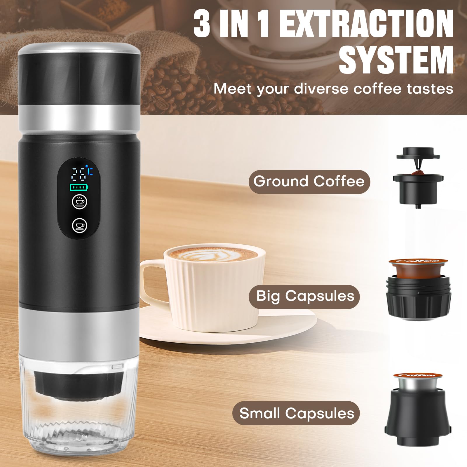 Cafetera de Cápsulas Portátil, 3 en 1 Cafetera Espresso para Cápsulas y Café Molido, Máquina de Espresso Eléctrica de Calentamiento Rápido para Oficina, Viaje, Camping y Hogar (Negro)