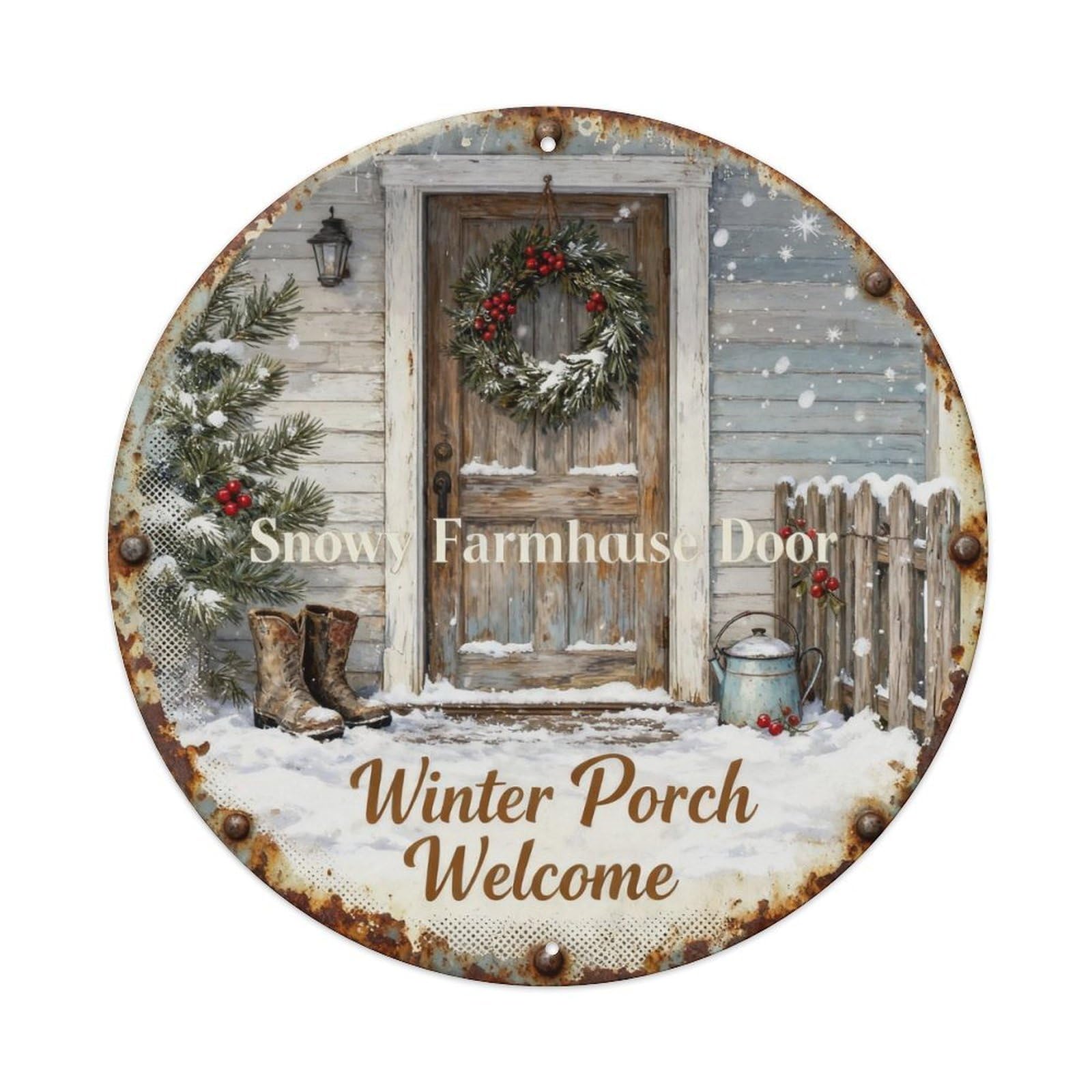 Snowy Farmhouse Door Metal Tin Sign Plaque
